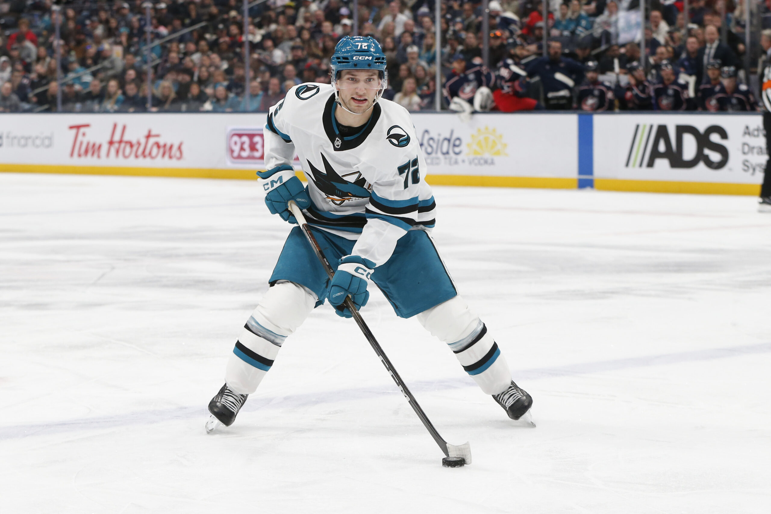 Mar 28, 2026; Columbus, Ohio, USA; San Jose Sharks left wing William Eklund (72) controls the puck against the Columbus Blue Jackets during the second period at Nationwide Arena. Mandatory Credit: Russell LaBounty-Imagn Images