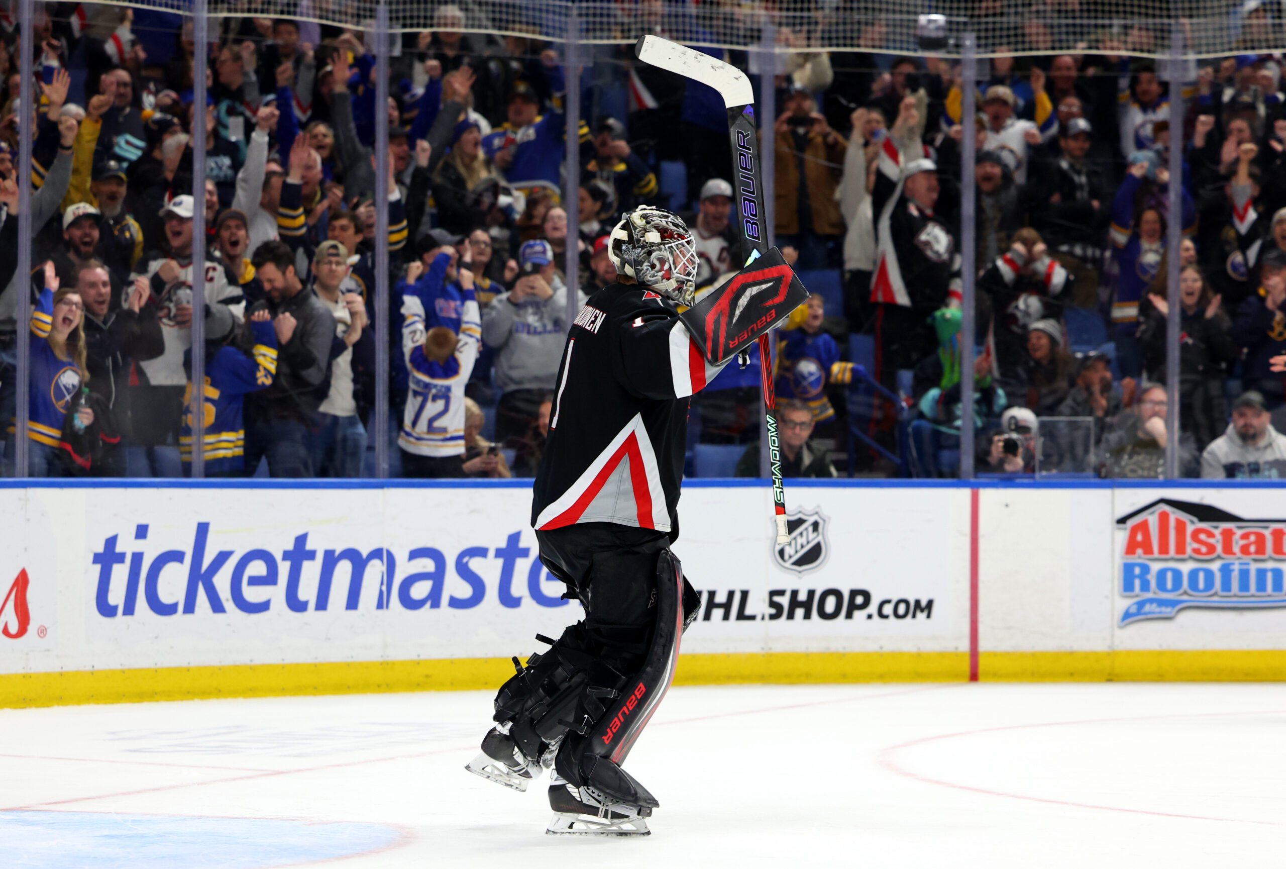 Mar 28, 2026; Buffalo, New York, USA;  Buffalo Sabres goaltender Ukko-Pekka Luukkonen (1) reacts after winning the game in a shootout against the Seattle Kraken at KeyBank Center. Mandatory Credit: Timothy T. Ludwig-Imagn Images