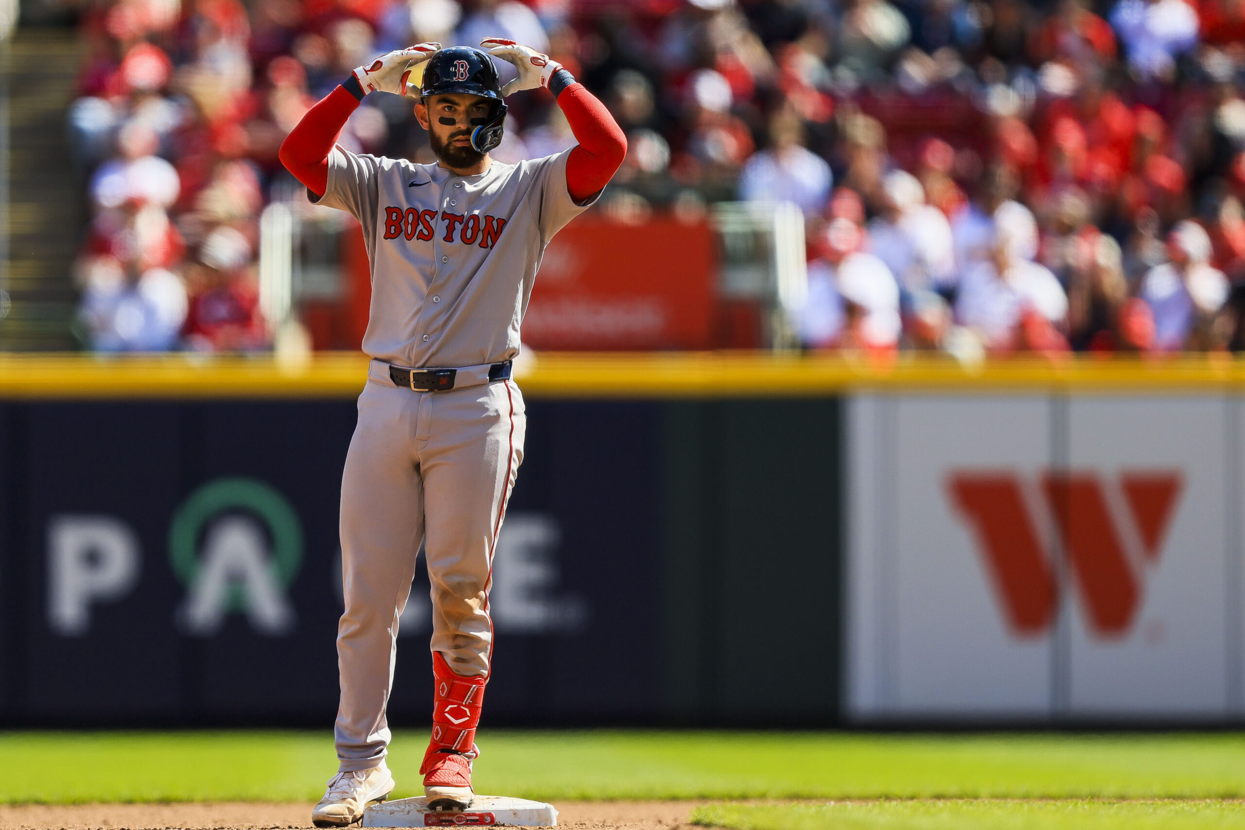 Mar 29, 2026; Cincinnati, Ohio, USA; Boston Red Sox catcher Connor Wong (12) reacts after hitting a double in the seventh inning against the Cincinnati Reds at Great American Ball Park. Mandatory Credit: Katie Stratman-Imagn Images
