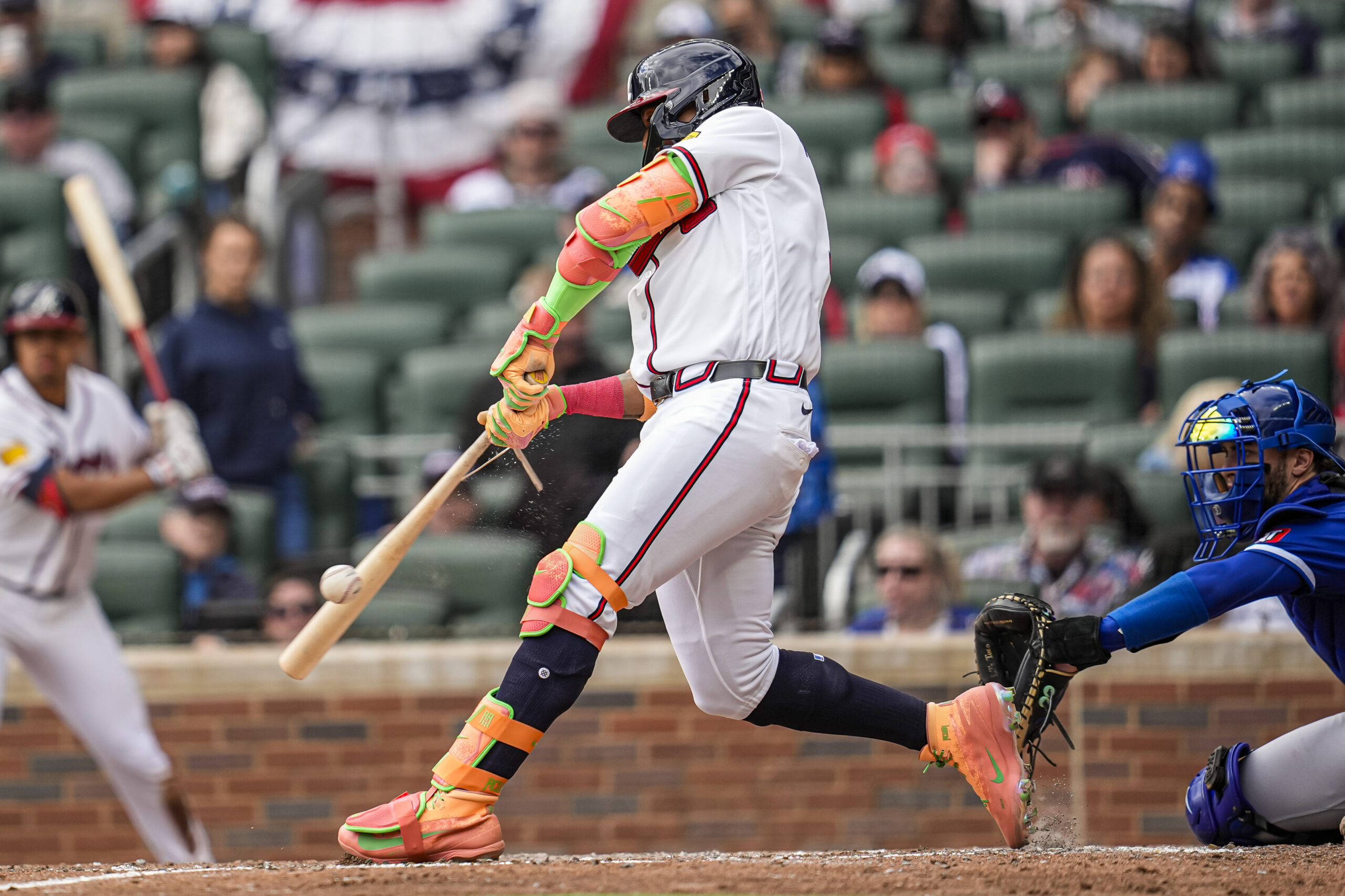 Mar 29, 2026; Cumberland, Georgia, USA; Atlanta Braves right fielder Ronald Acuna Jr. (13) breaks his bat while grounding out against the Kansas City Royals during the eighth inning at Truist Park. Mandatory Credit: Dale Zanine-Imagn Images