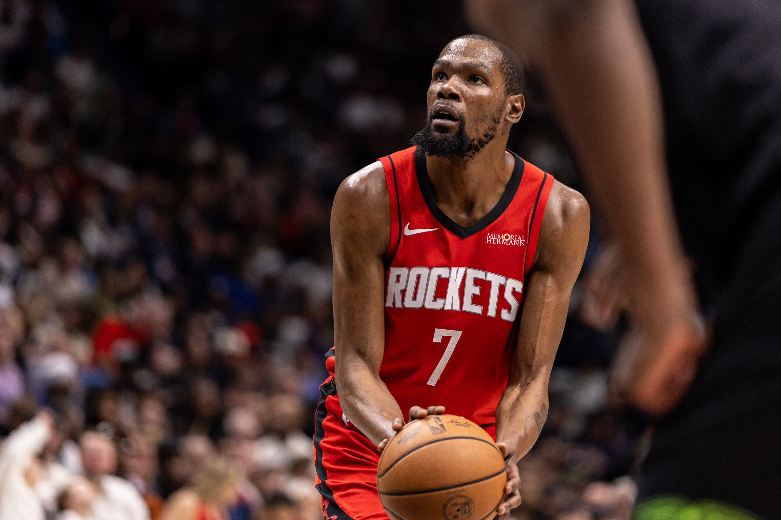 Mar 29, 2026; New Orleans, Louisiana, USA;  Houston Rockets forward Kevin Durant (7) shoots a free throw against the New Orleans Pelicans during the second half at Smoothie King Center. Mandatory Credit: Stephen Lew-Imagn Images