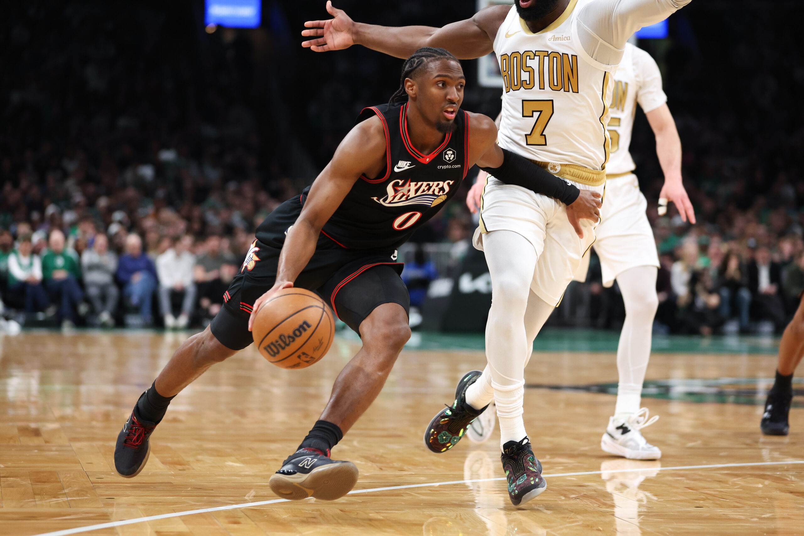 Mar 1, 2026; Boston, Massachusetts, USA; Philadelphia 76ers guard Tyrese Maxey (0) drives to the basket during the first half against the Boston Celtics at TD Garden. Mandatory Credit: Paul Rutherford-Imagn Images