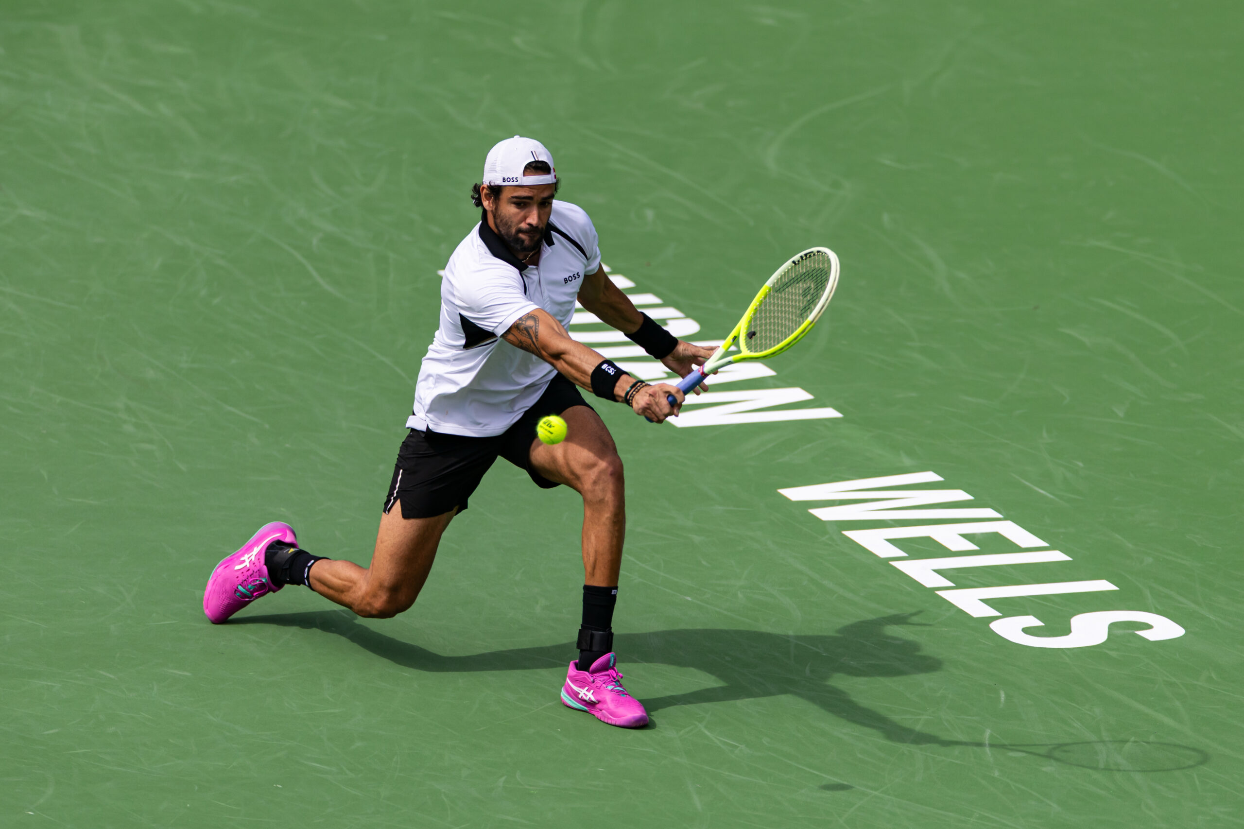 Mar 6, 2026; Indian Wells, CA, USA;  Matteo Berrettini of Italy in action against Alexander Zverev of Germany in the second round of the BNP Paribas Open at the Indian Wells Tennis Garden. Mandatory Credit: Mike Frey-Imagn Images