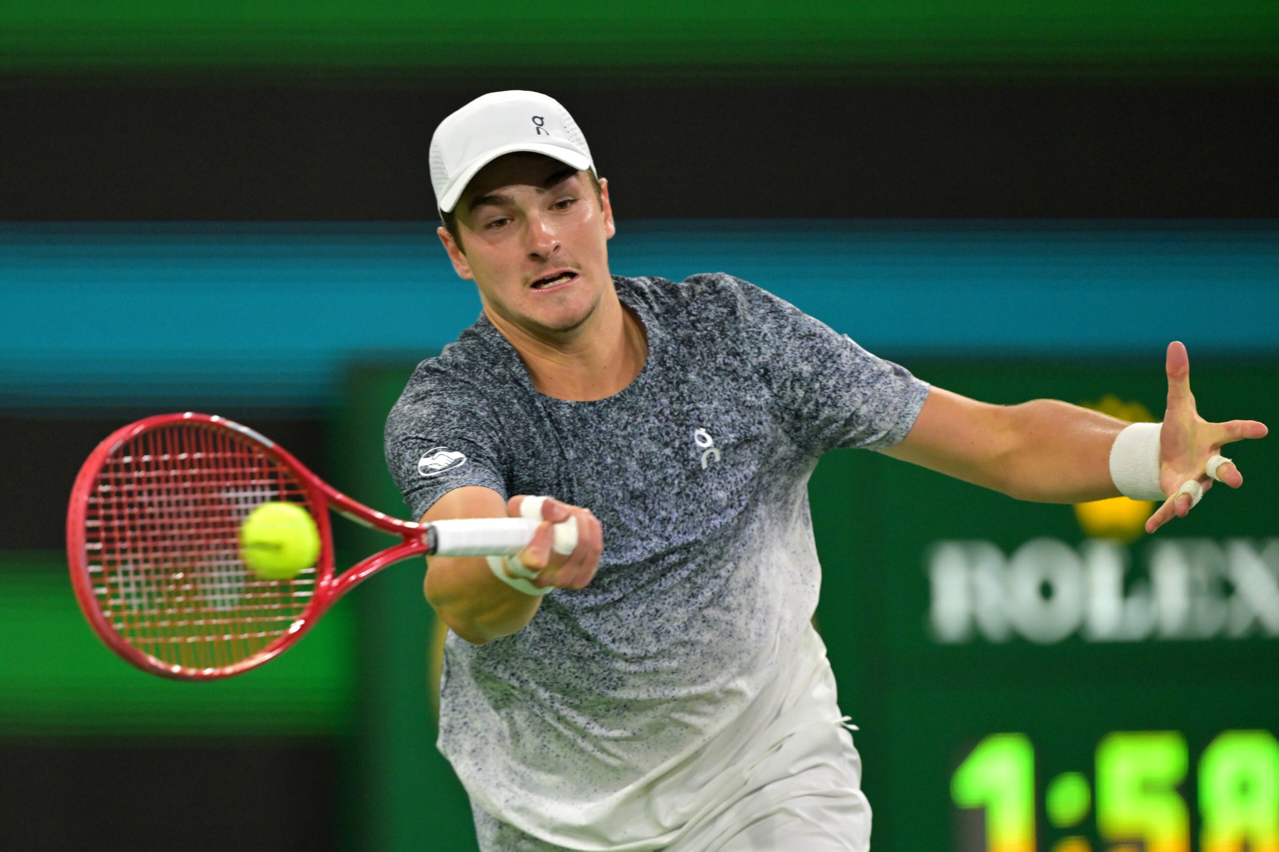 Mar 10, 2026; Indian Wells, CA, USA; Joao Fonseca (BRA) hits a shot during his the fourth round against Jannik Sinner (ITA) in the BNP Paribas Open at the Indian Wells Tennis Garden. Mandatory Credit: Jayne Kamin-Oncea-Imagn Images