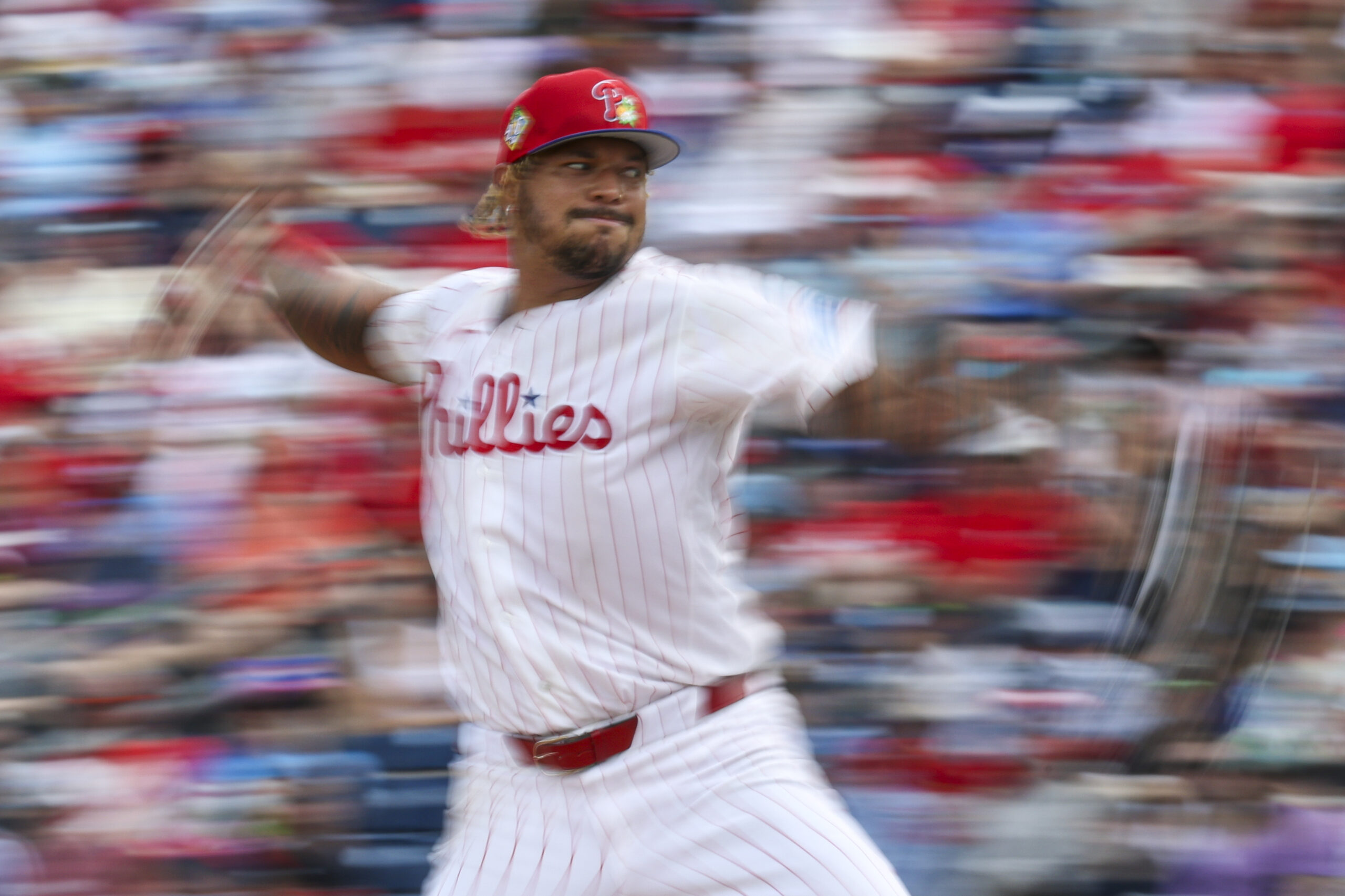 Mar 15, 2026; Clearwater, Florida, USA; Philadelphia Phillies starting pitcher Taijuan Walker (99) throws a pitch Atlanta Braves in the fourth inning during spring training at BayCare Ballpark. Mandatory Credit: Nathan Ray Seebeck-Imagn Images
