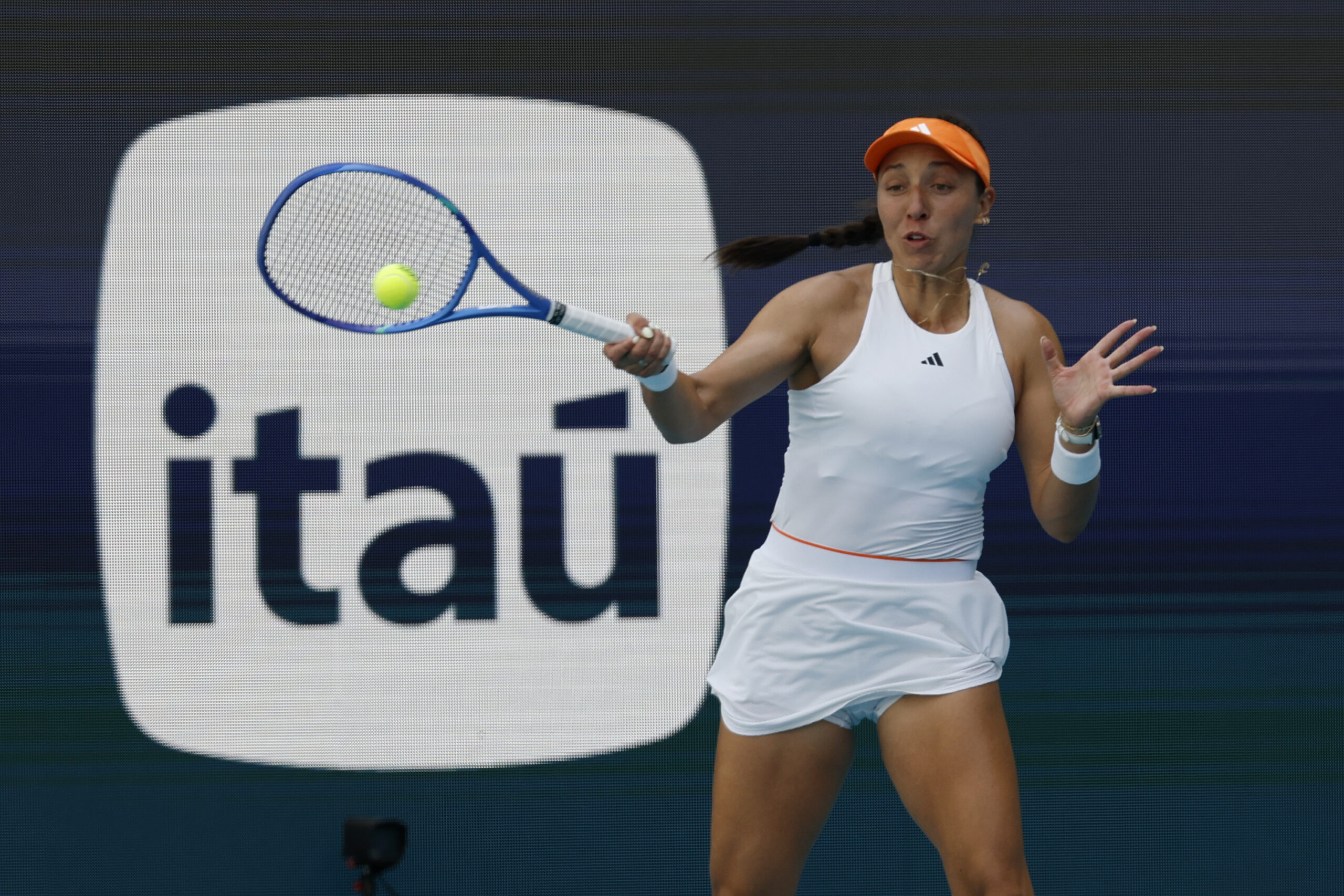 Mar 25, 2026; Miami Gardens, FL, USA; Jessica Pegula (USA) hits a forehand against Elena Rybakina (KAZ) (not pictured) on day nine of the 2026 Miami Open at Hard Rock Stadium. Mandatory Credit: Geoff Burke-Imagn Images
