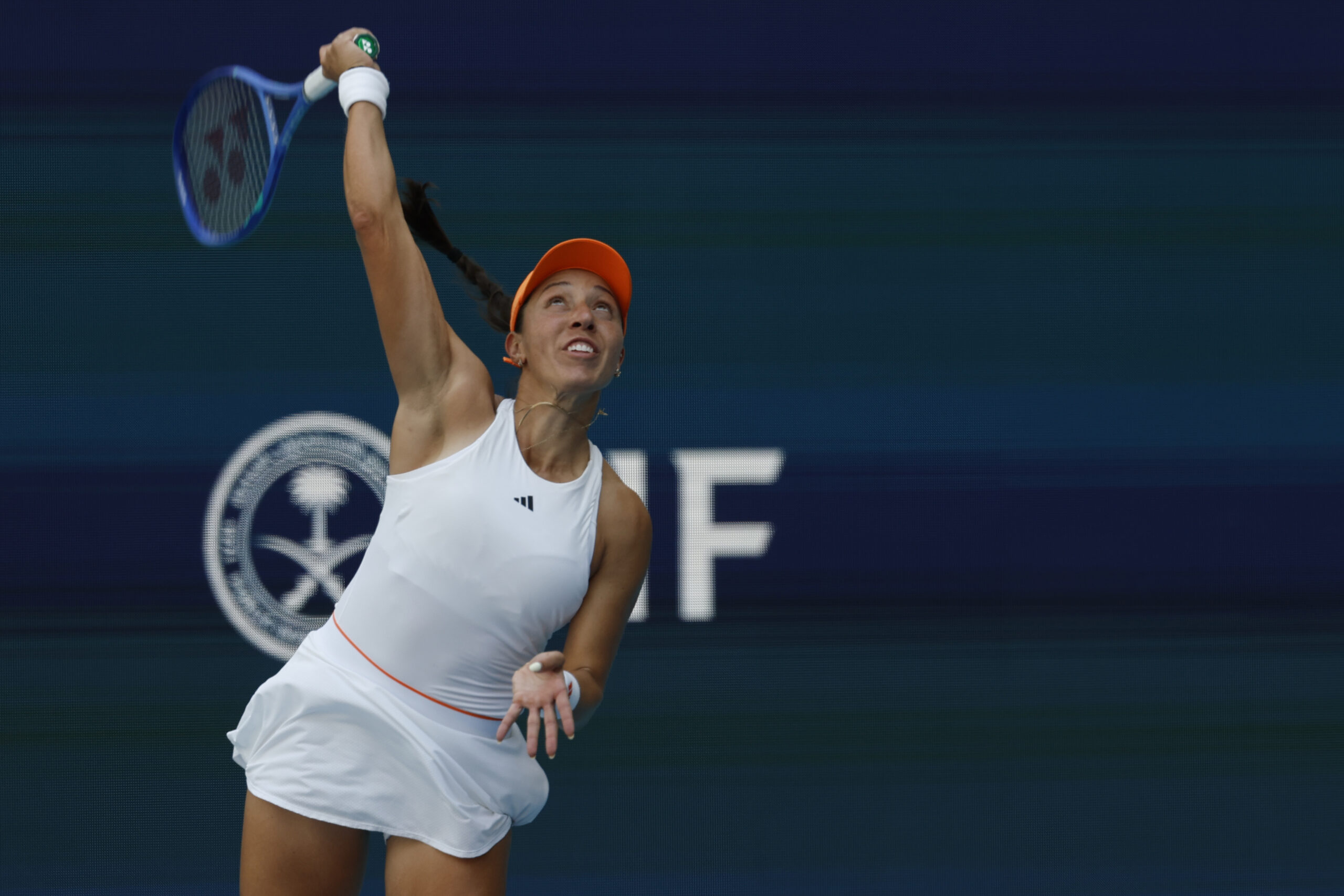 Mar 25, 2026; Miami Gardens, FL, USA; Jessica Pegula (USA) serves against Elena Rybakina (KAZ) (not pictured) on day nine of the 2026 Miami Open at Hard Rock Stadium. Mandatory Credit: Geoff Burke-Imagn Images