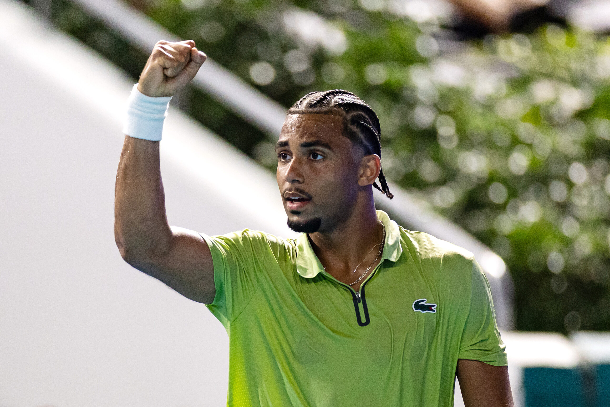 Mar 25, 2026; Miami Gardens, FL, USA;  Arthur Fils of France celebrates during his match against Tommy Paul of the United States in the quarter finals of the men’s singles at the Miami Open at Hard Rock Stadium. Mandatory Credit: Mike Frey-Imagn Images