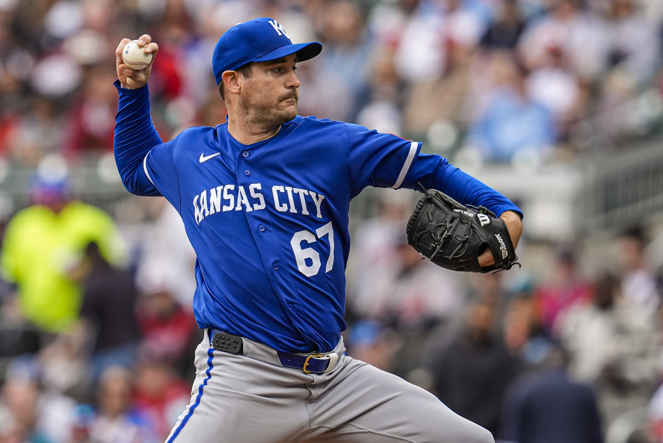 Mar 29, 2026; Cumberland, Georgia, USA; Kansas City Royals pitcher Seth Lugo (67) pitches against the Atlanta Braves during the first inning at Truist Park. Mandatory Credit: Dale Zanine-Imagn Images