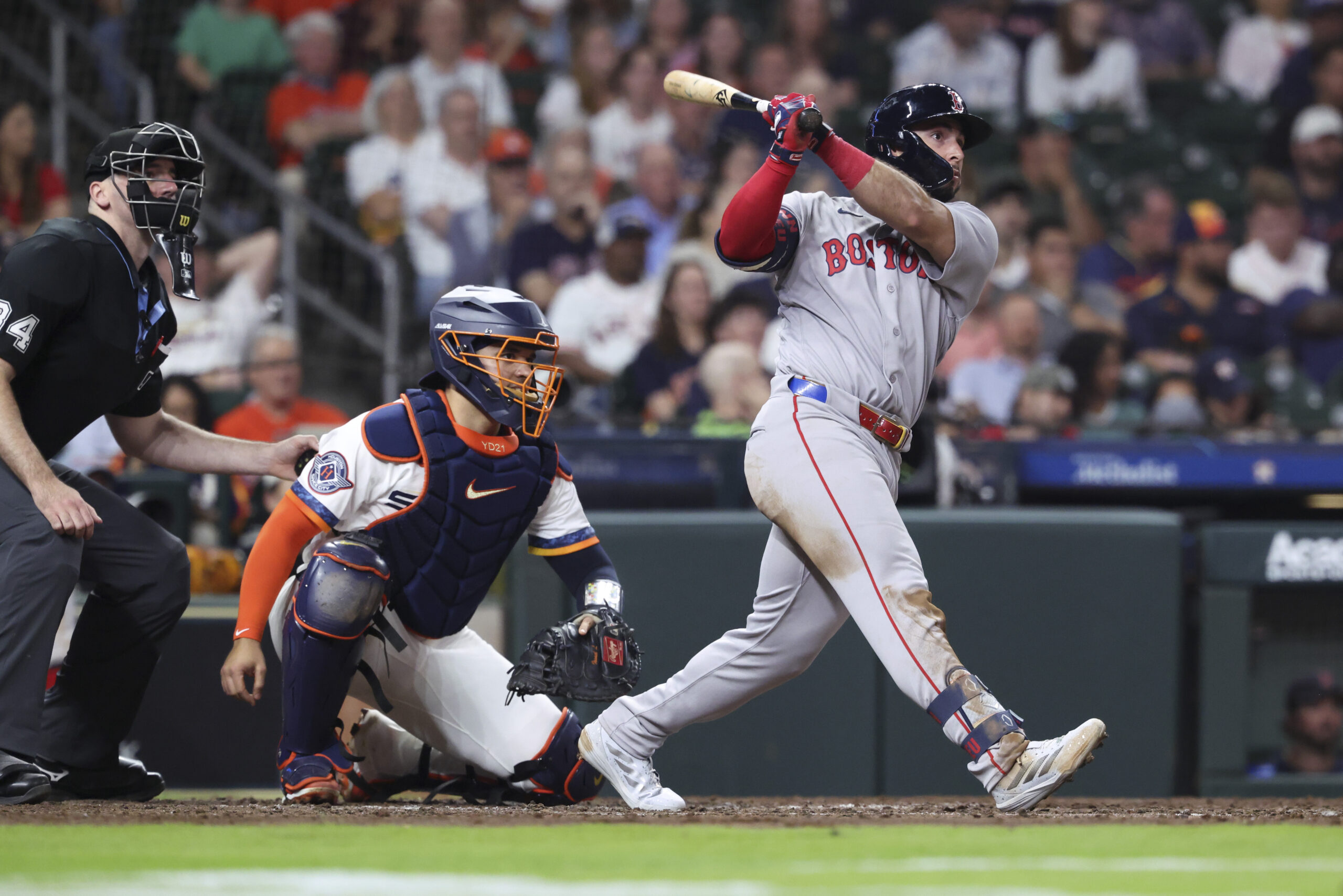 Mar 30, 2026; Houston, Texas, USA; Boston Red Sox right fielder Wilyer Abreu (52) drives in a run with a double during the seventh inning against the Houston Astros at Daikin Park. Mandatory Credit: Troy Taormina-Imagn Images