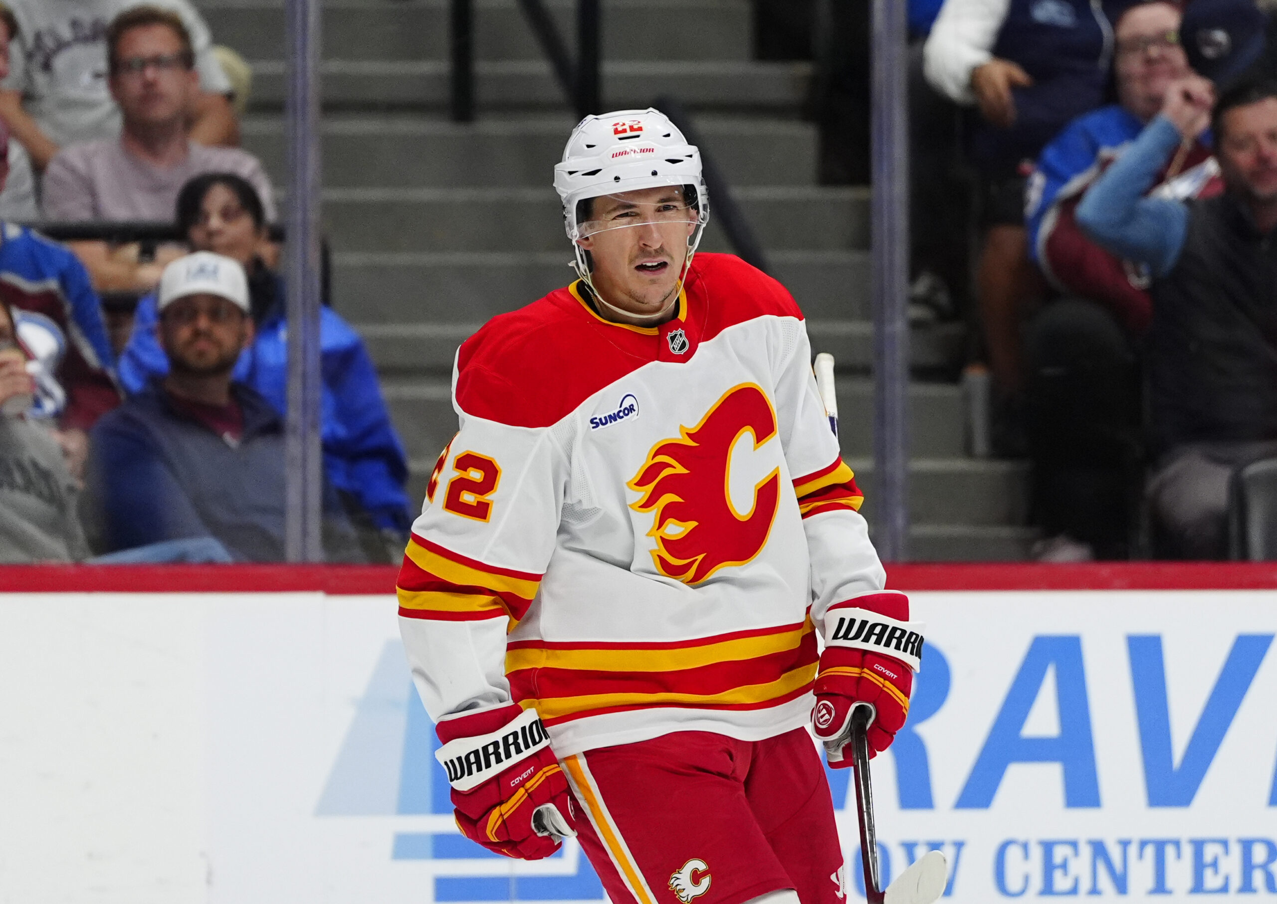 Mar 30, 2026; Denver, Colorado, USA; Calgary Flames center Ryan Strome (22) celebrates a goal in the third period against the Colorado Avalanche at Ball Arena. Mandatory Credit: Ron Chenoy-Imagn Images
