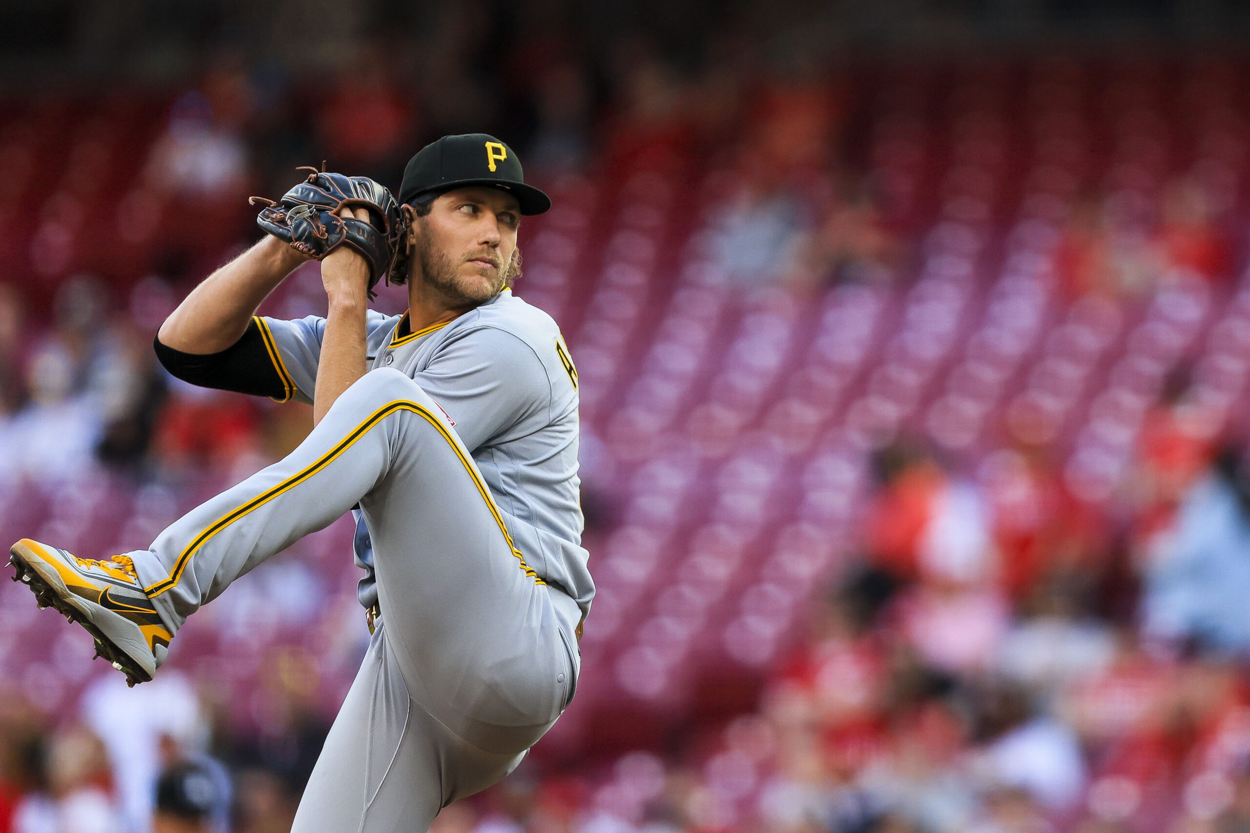 Mar 30, 2026; Cincinnati, Ohio, USA; Pittsburgh Pirates starting pitcher Braxton Ashcraft (35) pitches against the Cincinnati Reds in the first inning at Great American Ball Park. Mandatory Credit: Katie Stratman-Imagn Images