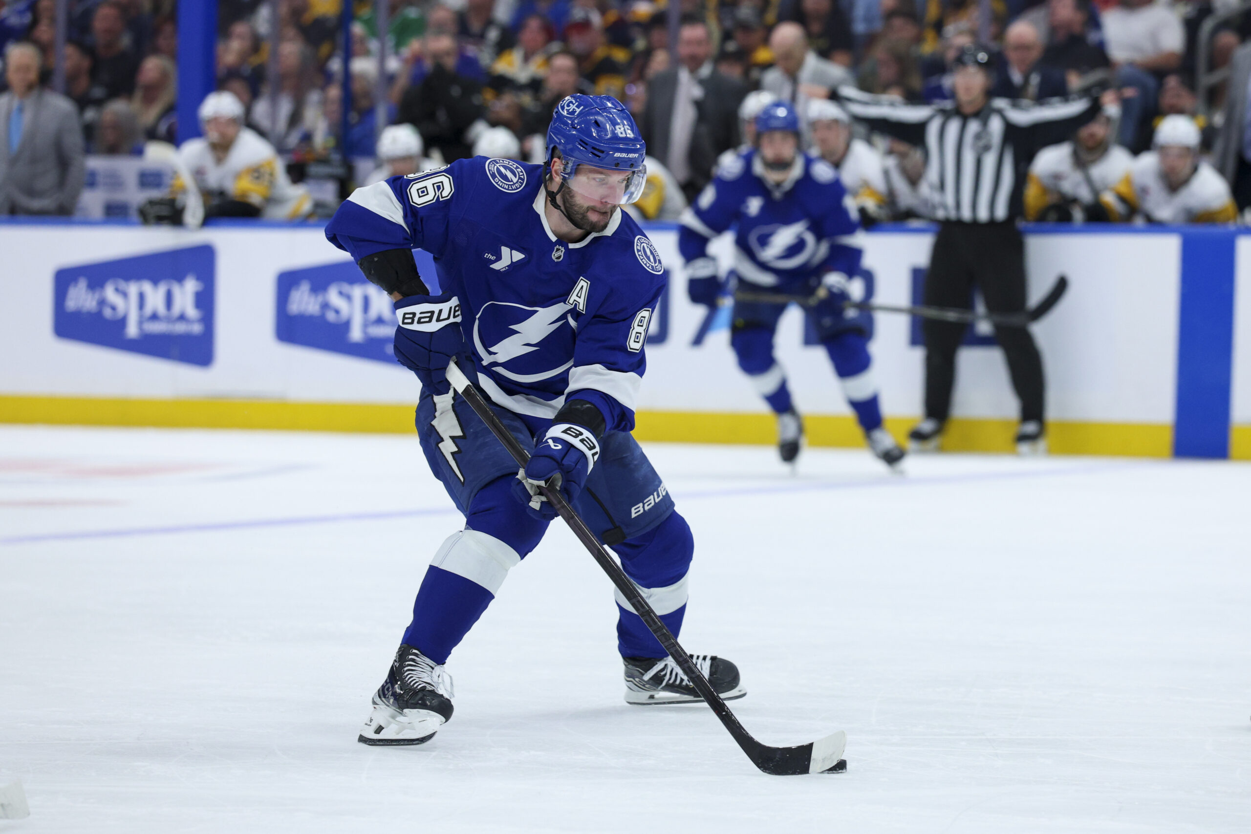 Apr 2, 2026; Tampa, Florida, USA; Tampa Bay Lightning right wing Nikita Kucherov (86) controls the puck against the Pittsburgh Penguins in the third period at Benchmark International Arena. Mandatory Credit: Nathan Ray Seebeck-Imagn Images