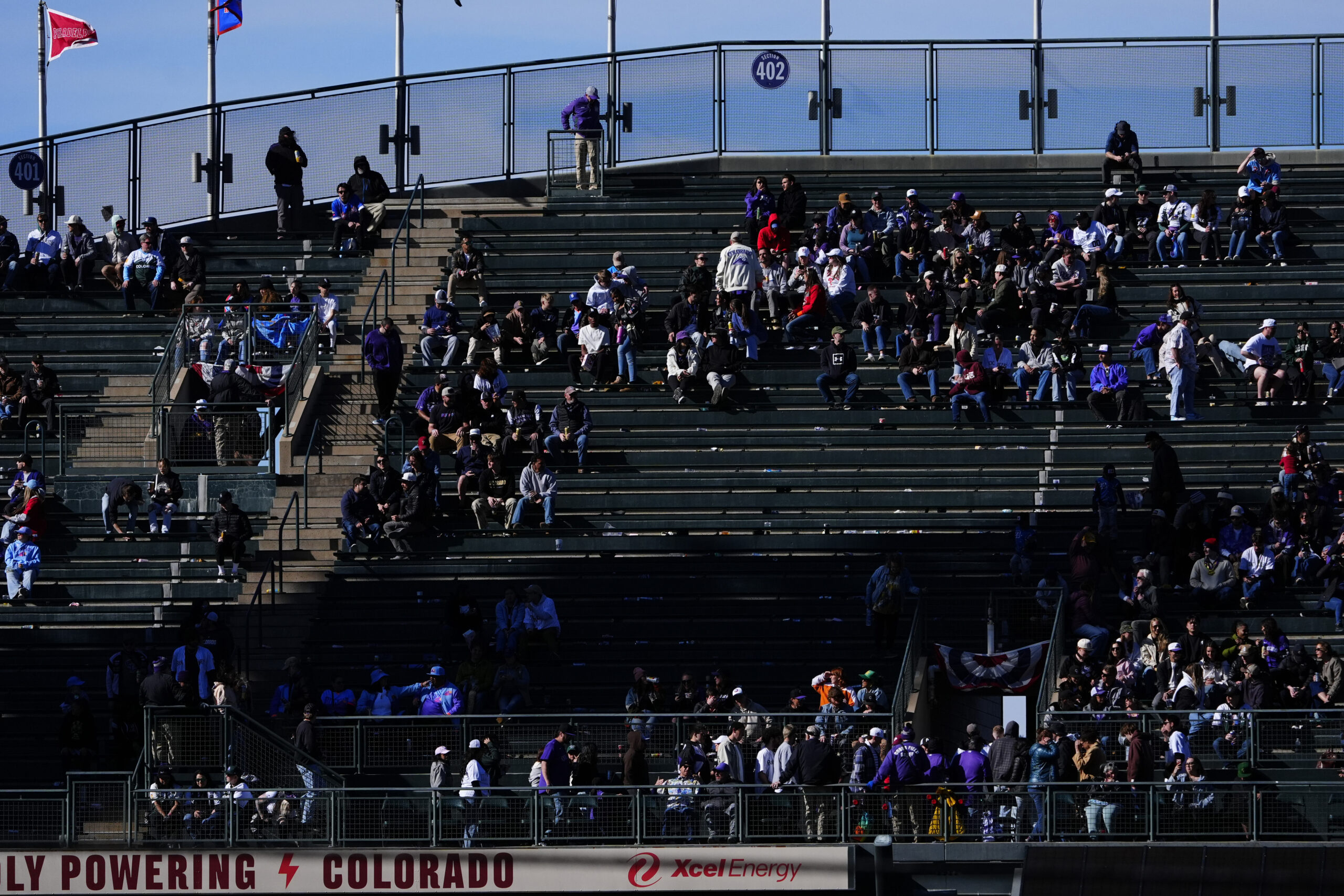 Apr 3, 2026; Denver, Colorado, USA; General view of the fans in the stands during the eighth inning between the Philadelphia Phillies against the Colorado Rockies at Coors Field. Mandatory Credit: Ron Chenoy-Imagn Images