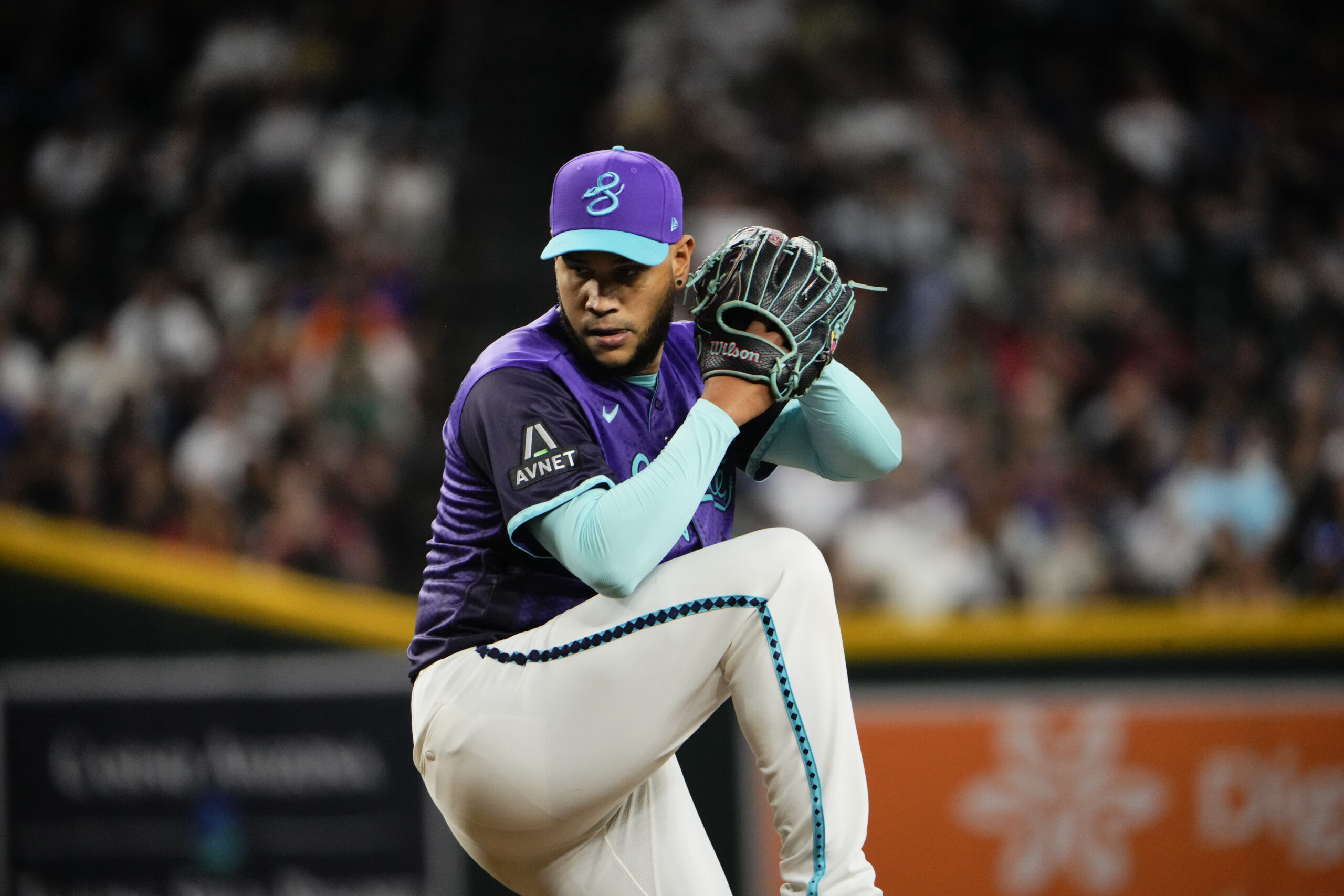 Apr 3, 2026; Phoenix, Arizona, USA; Arizona Diamondbacks pitcher Eduardo Rodriguez (57) readies for a pitch during the fifth inning of the game against the Atlanta Braves at Chase Field. Mandatory Credit: Arianna Grainey-Imagn Images