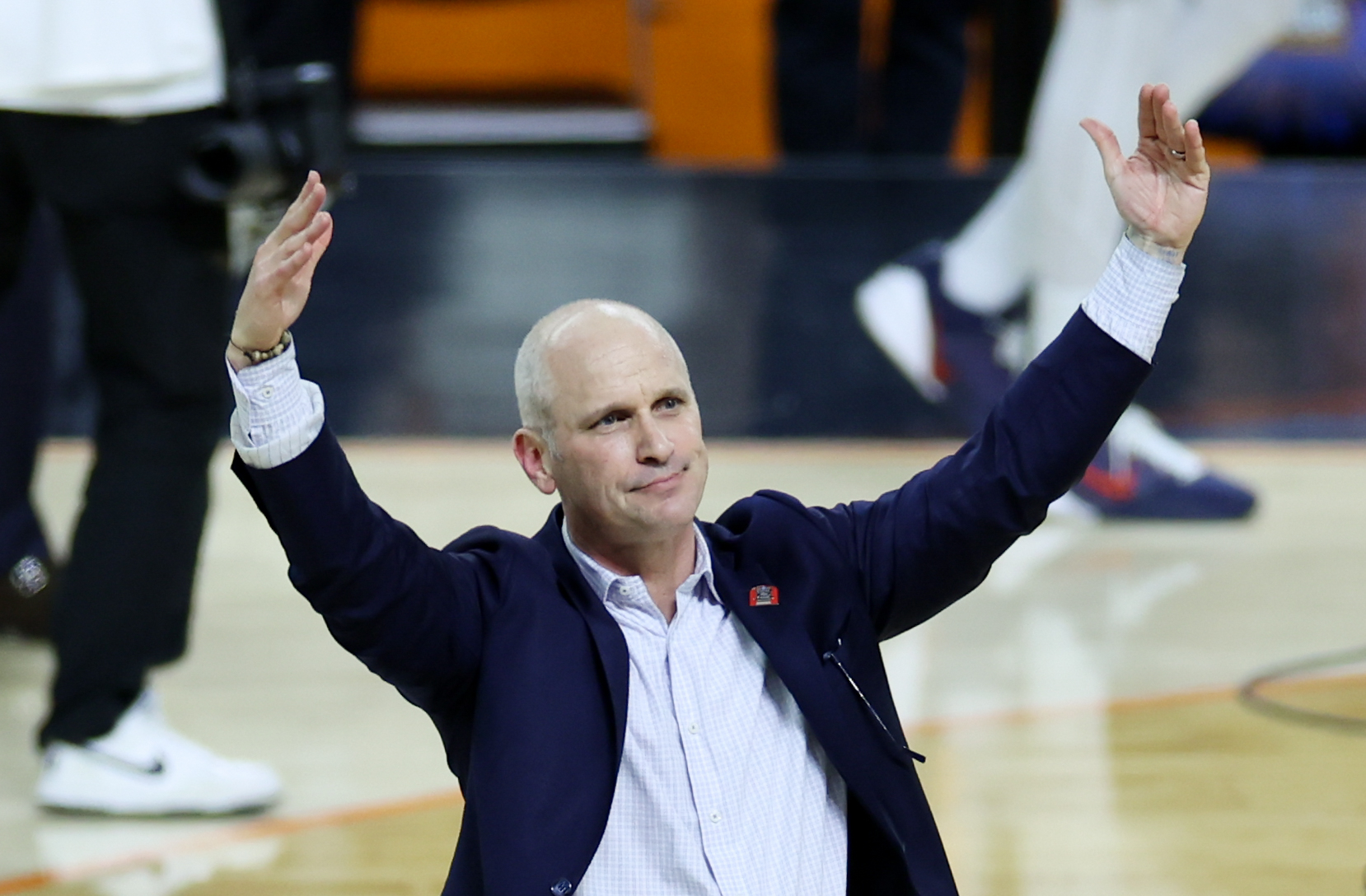 Apr 4, 2026; Indianapolis, IN, USA; UConn Huskies head coach Dan Hurley celebrates after defeating the Illinois Fighting Illini in a semifinal of the Final Four of the men's 2026 NCAA Tournament at Lucas Oil Stadium. Mandatory Credit: Trevor Ruszkowski-Imagn Images