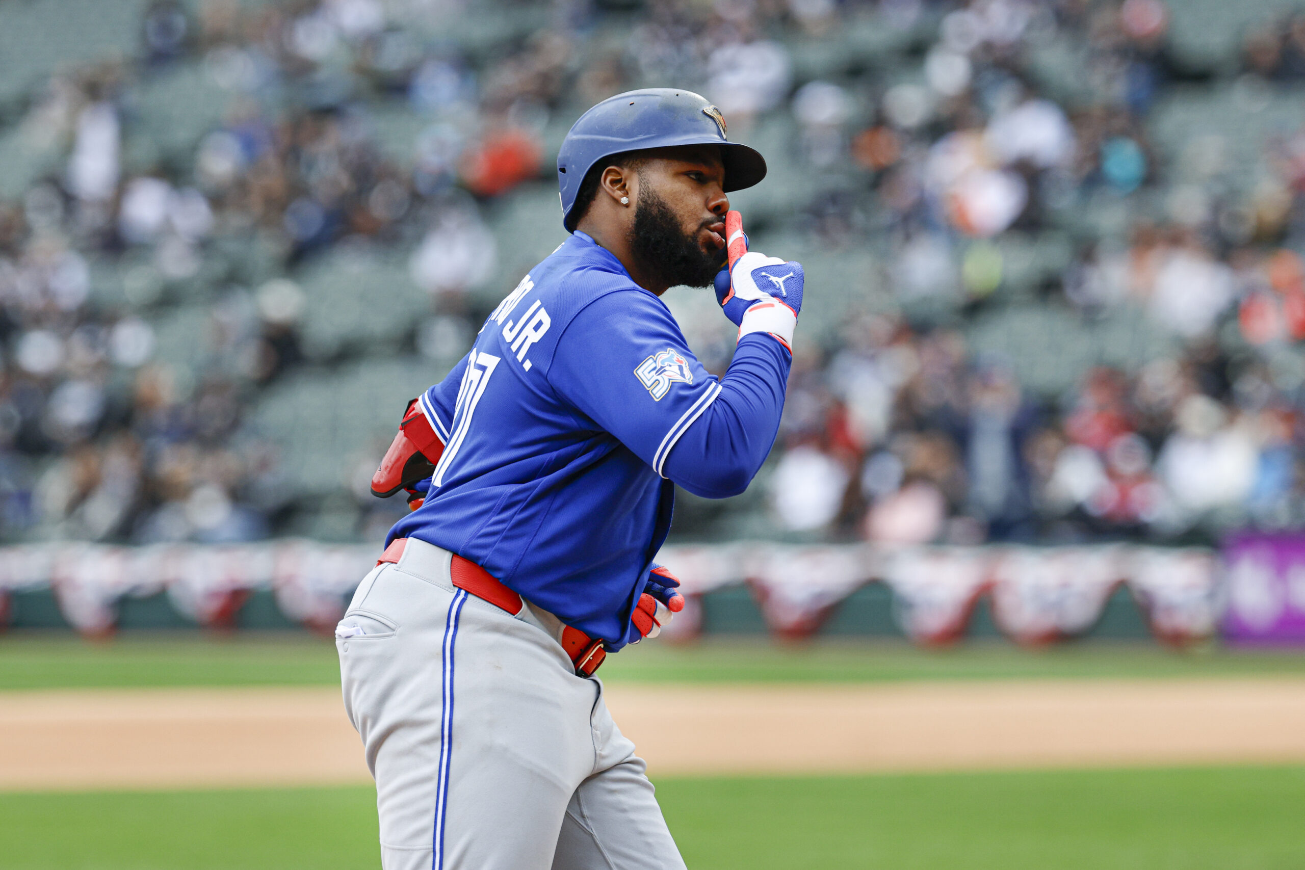 Apr 4, 2026; Chicago, Illinois, USA; Toronto Blue Jays first baseman Vladimir Guerrero Jr. (27) rounds the bases after hitting a two-run home run against the Chicago White Sox during the sixth inning at Rate Field. Mandatory Credit: Kamil Krzaczynski-Imagn Images