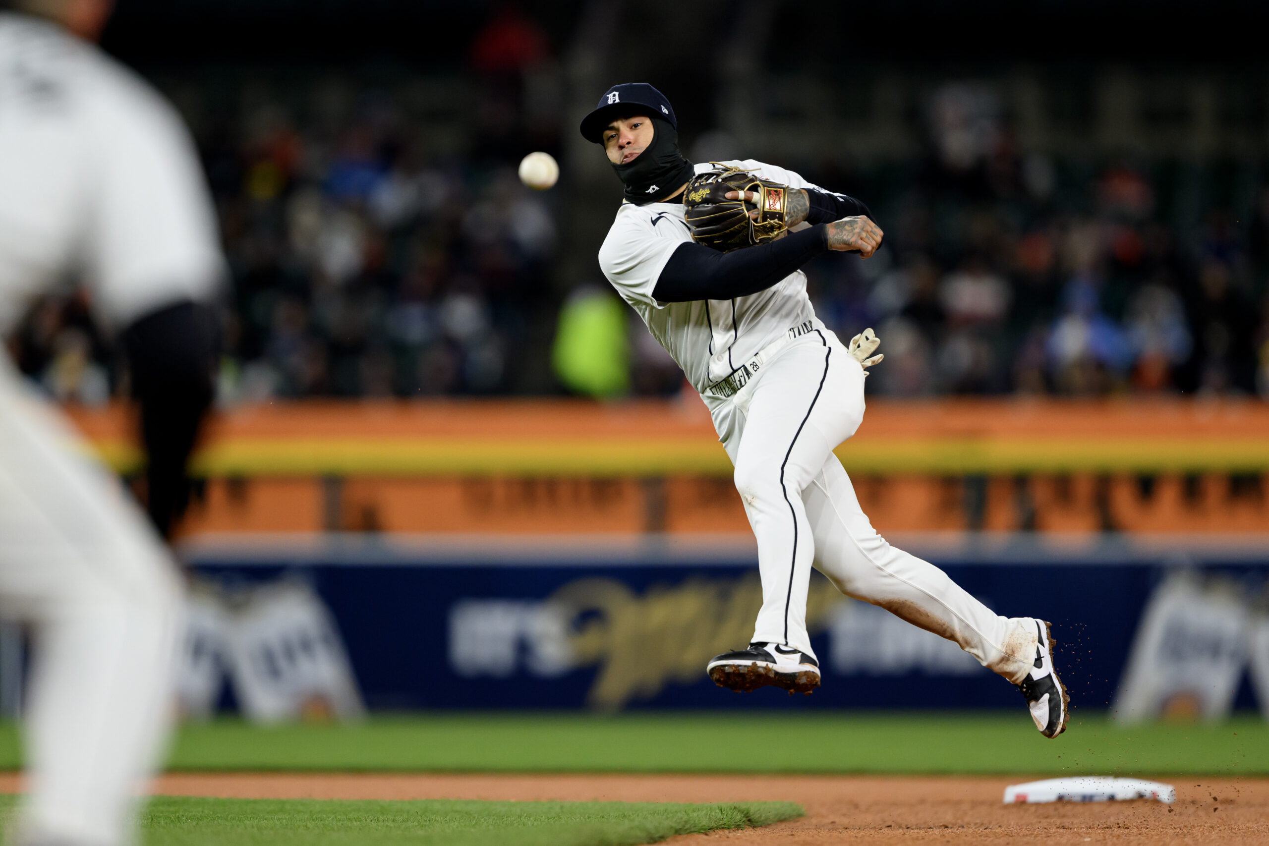 Apr 5, 2026; Detroit, Michigan, USA;  Detroit Tigers shortstop Javier Báez (28) throws out a St. Louis Cardinals batter at first base in the sixth inning at Comerica Park. Mandatory Credit: Lon Horwedel-Imagn Images