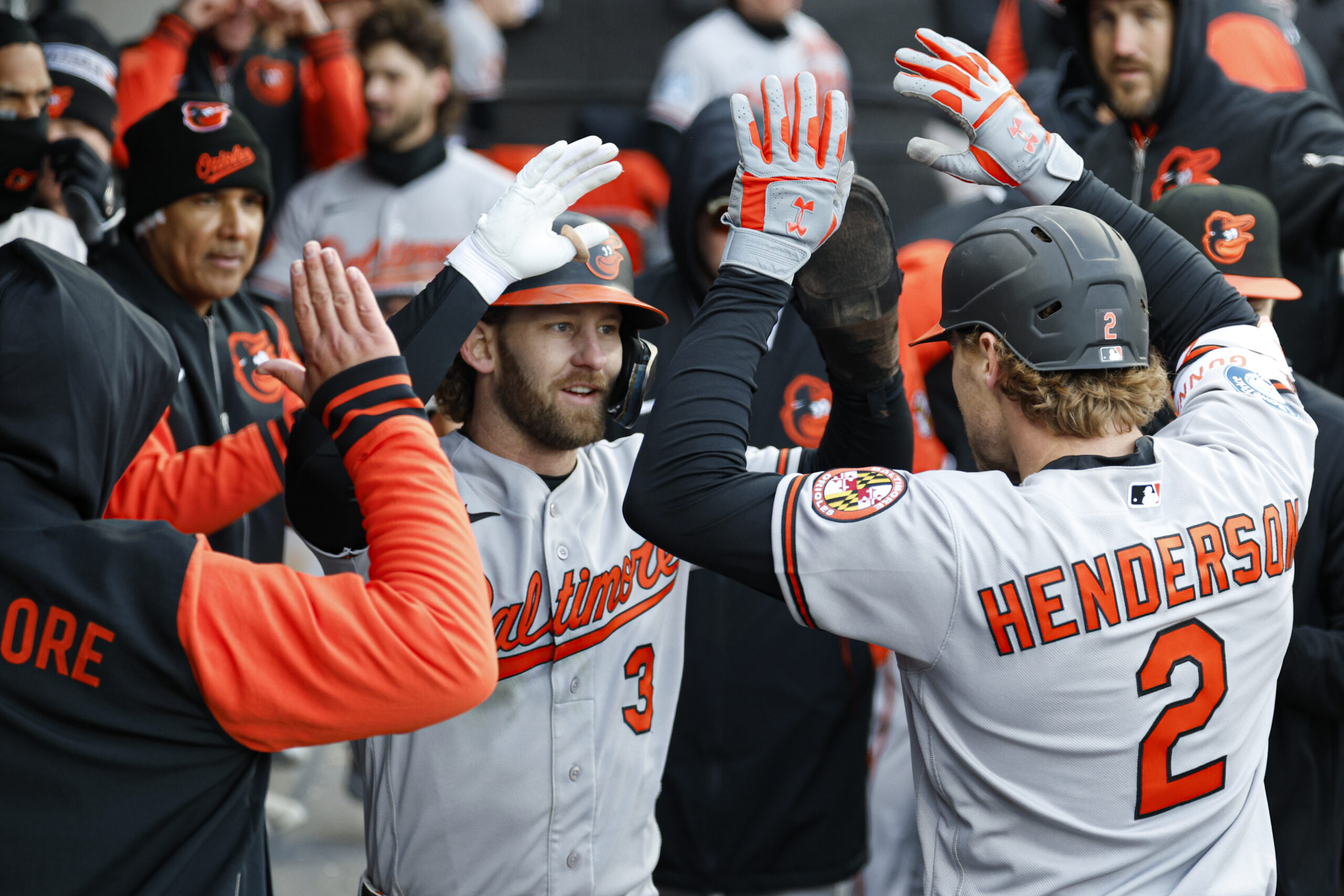 Apr 7, 2026; Chicago, Illinois, USA; Baltimore Orioles designated hitter Gunnar Henderson (2) celebrates with left fielder Taylor Ward (3) after hitting a two-run home run against the Chicago White Sox during the eight inning at Rate Field. Mandatory Credit: Kamil Krzaczynski-Imagn Images
