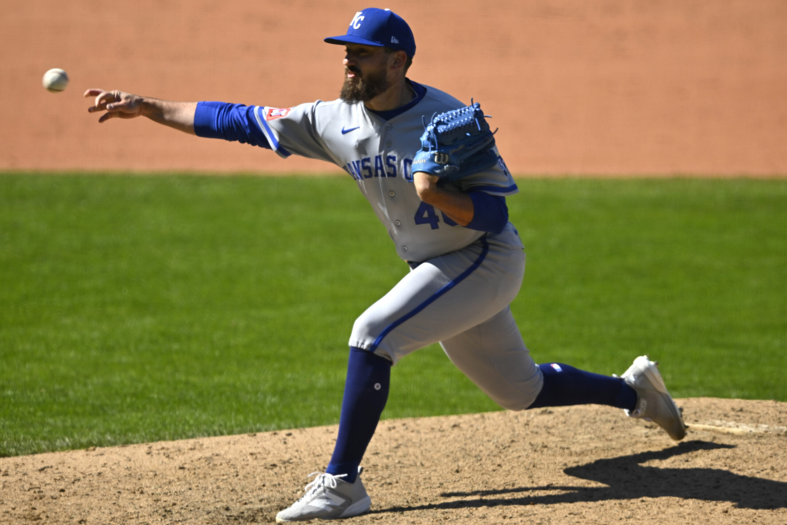 Apr 7, 2026; Cleveland, Ohio, USA; Kansas City Royals relief pitcher John Schreiber (46) throws a pitch in the ninth inning against the Cleveland Guardians at Progressive Field. Mandatory Credit: David Richard-Imagn Images