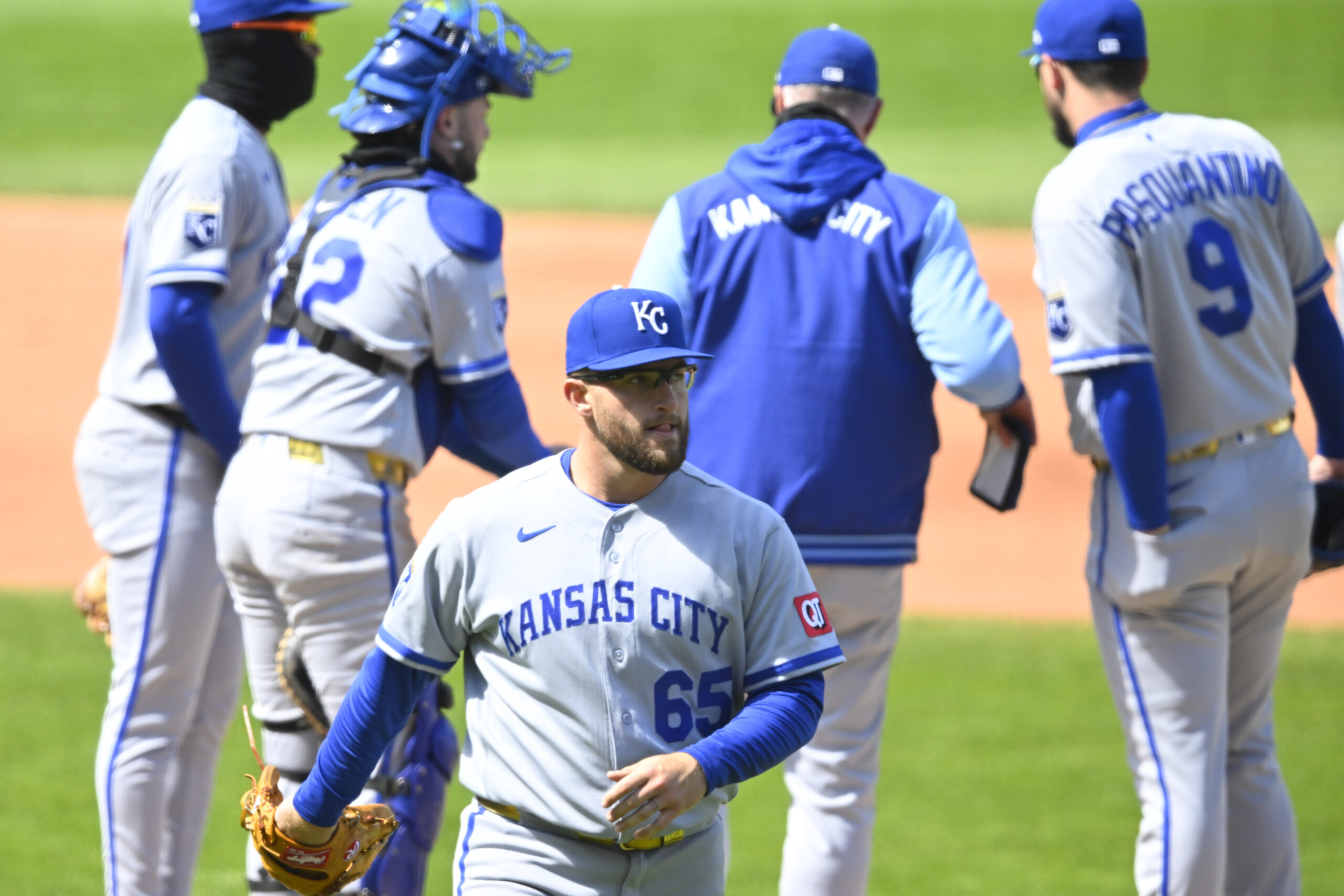 Apr 7, 2026; Cleveland, Ohio, USA; Kansas City Royals starting pitcher Noah Cameron (65) walks off the mound during a pitching change in the sixth inning against the Cleveland Guardians at Progressive Field. Mandatory Credit: David Richard-Imagn Images