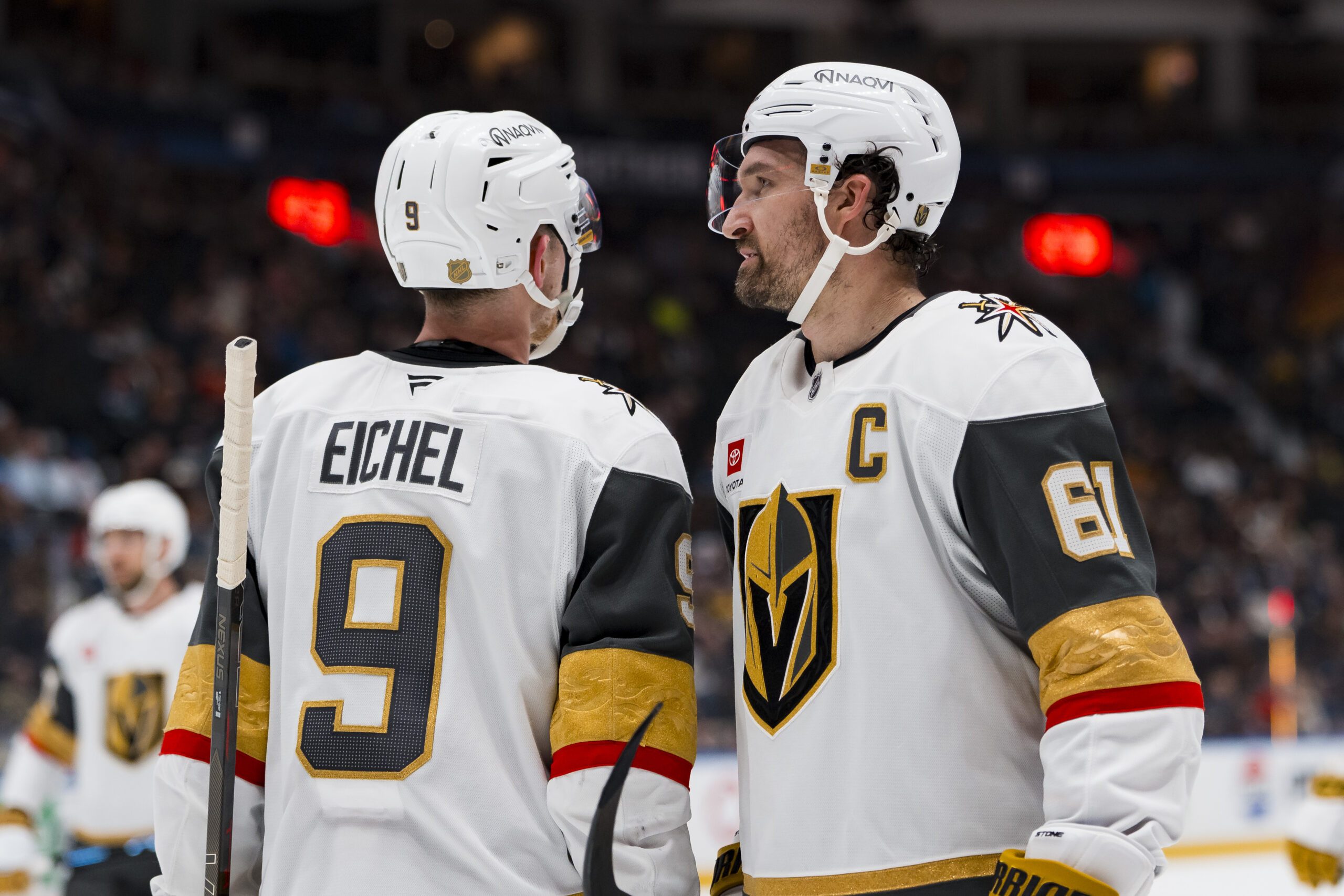 Apr 7, 2026; Vancouver, British Columbia, CAN; Vegas Golden Knights forward Jack Eichel (9) talks with forward Mark Stone (61) during a stop in play against the Vancouver Canucks in the third period at Rogers Arena. Mandatory Credit: Bob Frid-Imagn Images