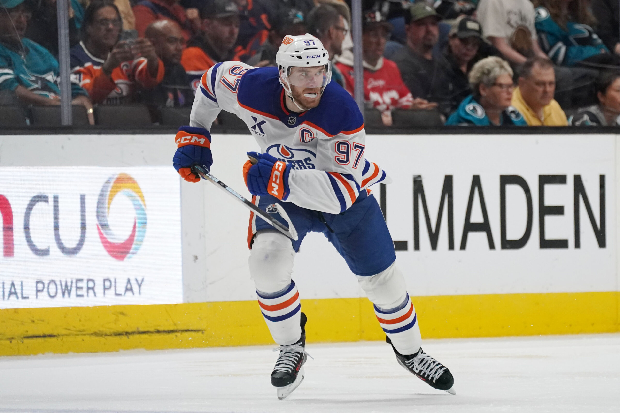 Apr 8, 2026; San Jose, California, USA;  Edmonton Oilers center Connor McDavid (97) looks for the puck during a game against the San Jose Sharks in the second period at SAP Center at San Jose. Mandatory Credit: David Gonzales-Imagn Images