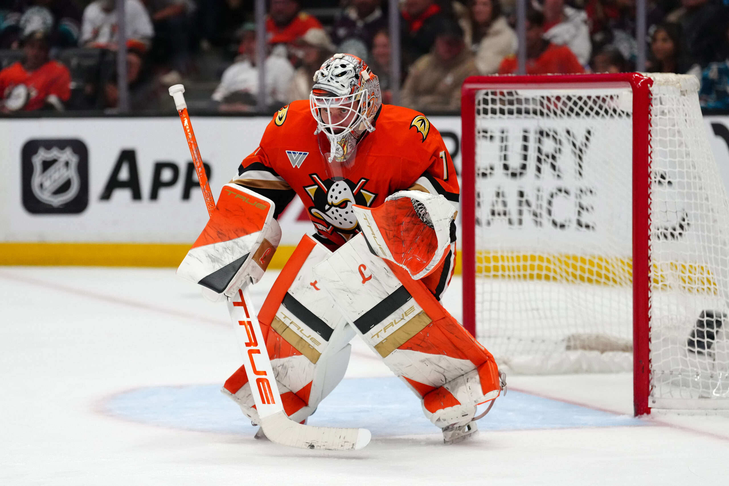 Apr 9, 2026; Anaheim, California, USA; Anaheim Ducks goaltender Lukas Dostal (1) defends the goal against the San Jose Sharks  in the third period at Honda Center. Mandatory Credit: Kirby Lee-Imagn Images
