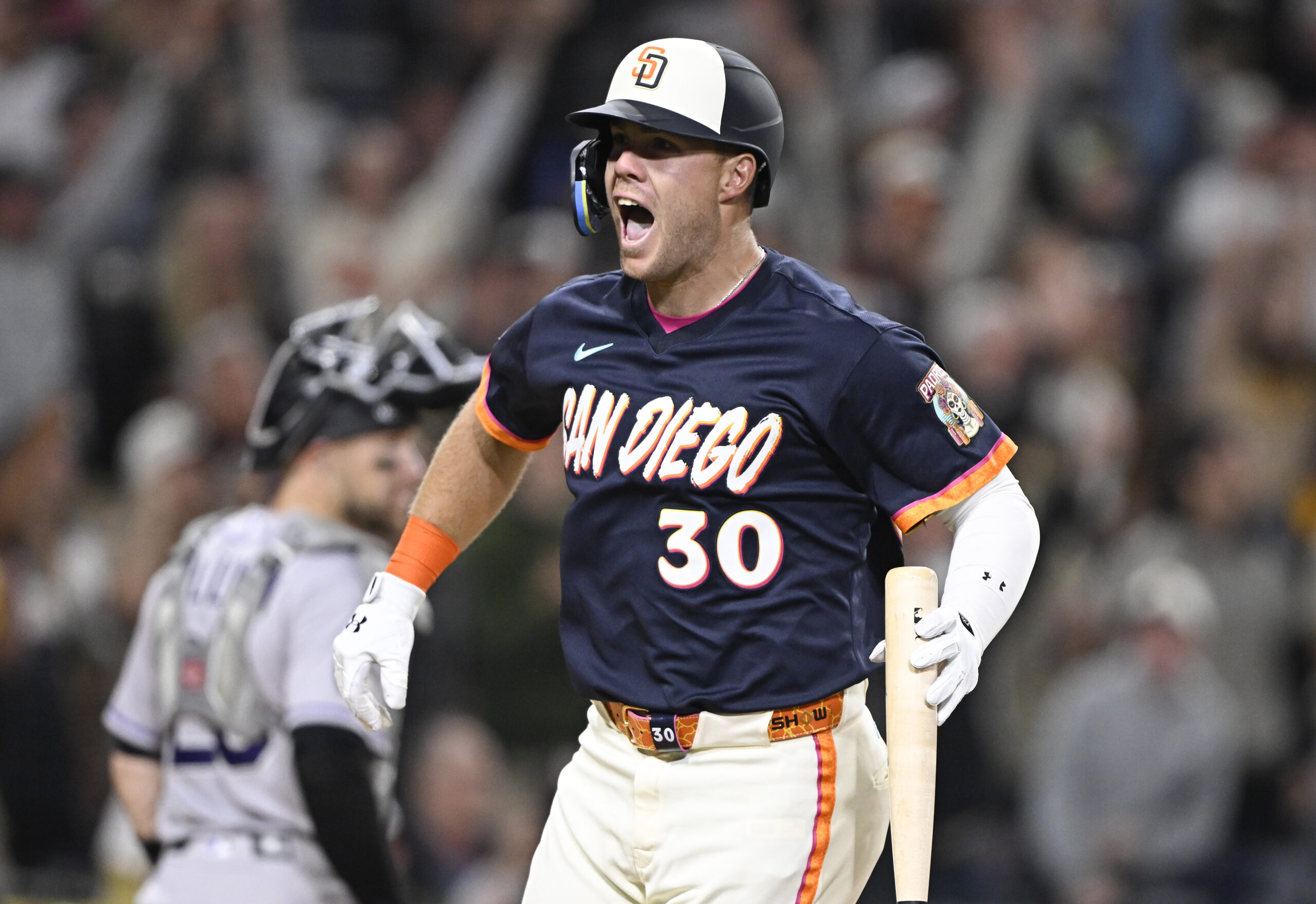 Apr 10, 2026; San Diego, California, USA; San Diego Padres first baseman Gavin Sheets (30) celebrates after hitting a walk off three-run home run during the ninth inning against the Colorado Rockies at Petco Park. Mandatory Credit: Denis Poroy-Imagn Images