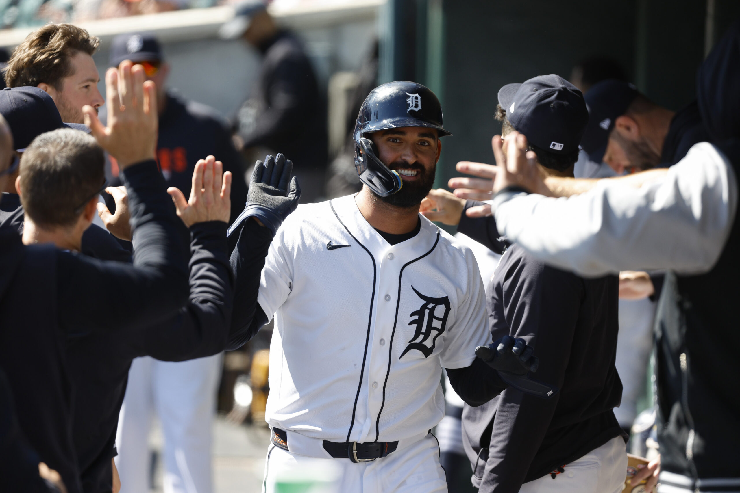 Apr 11, 2026; Detroit, Michigan, USA; Detroit Tigers left fielder Riley Greene (31) celebrates after scoring a run in the eighth inning against the Miami Marlins at Comerica Park. Mandatory Credit: Brian Bradshaw Sevald-Imagn Images