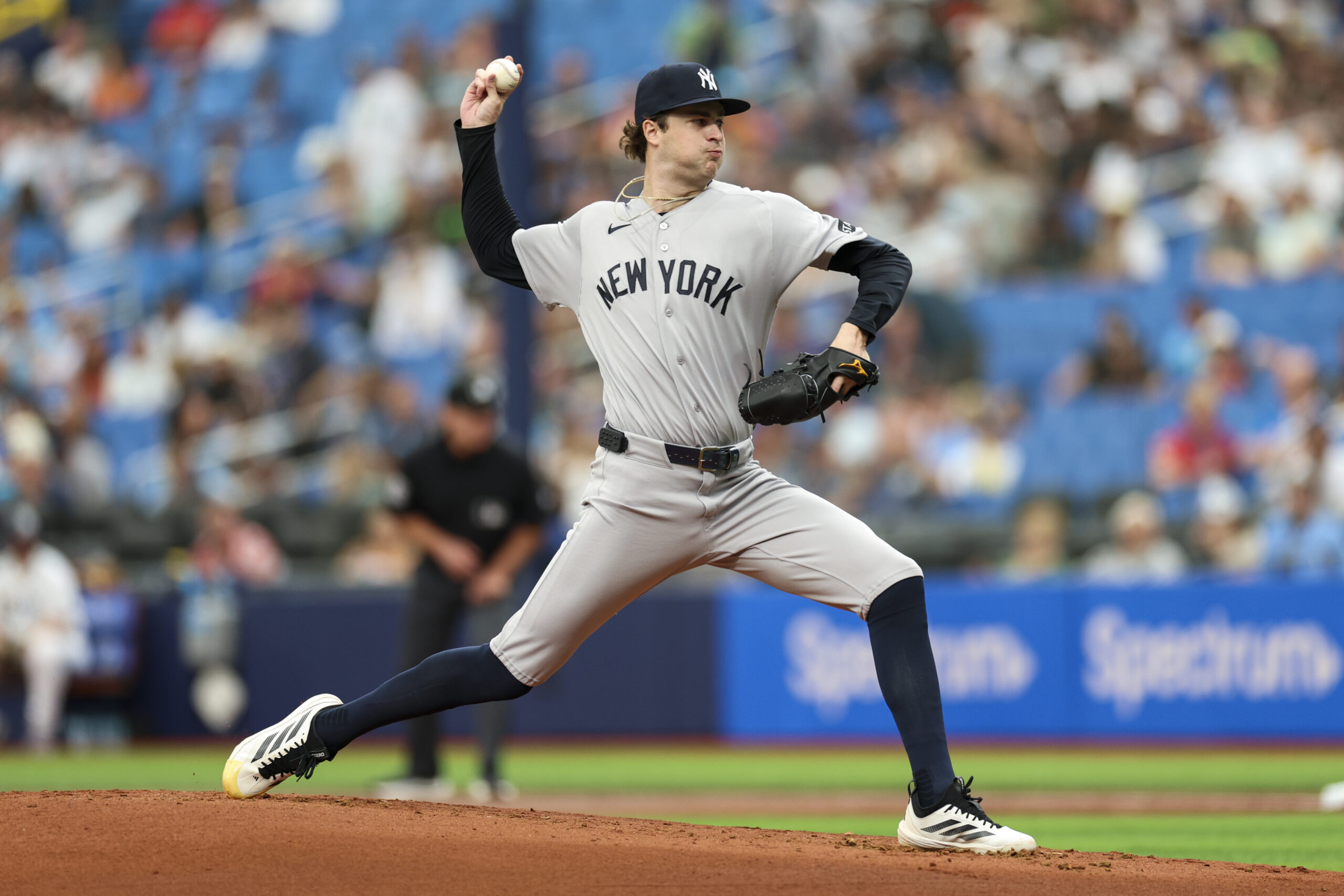 Apr 12, 2026; St. Petersburg, Florida, USA; New York Yankees starting pitcher Cam Schlittler (31) throws a pitch against the Tampa Bay Rays in the first inning at Tropicana Field. Mandatory Credit: Nathan Ray Seebeck-Imagn Images