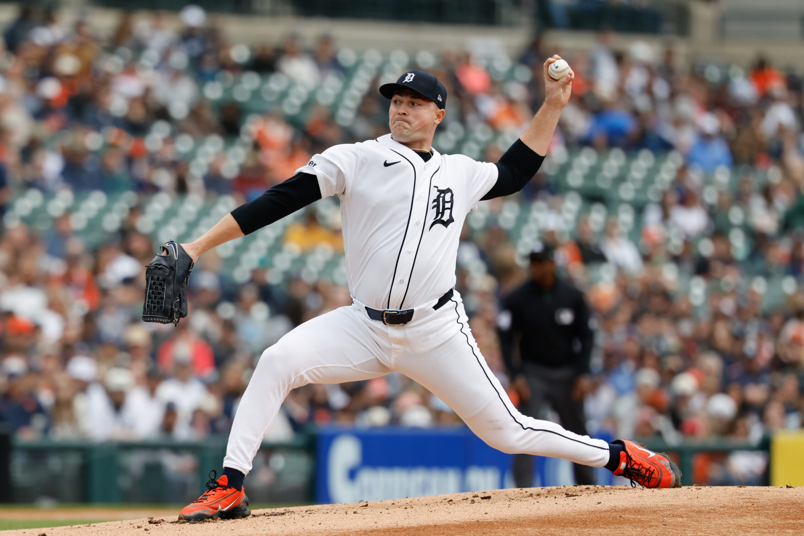 Apr 12, 2026; Detroit, Michigan, USA;  Detroit Tigers pitcher Tarik Skubal (29) pitches in the first inning against the Miami Marlins at Comerica Park. Mandatory Credit: Rick Osentoski-Imagn Images
