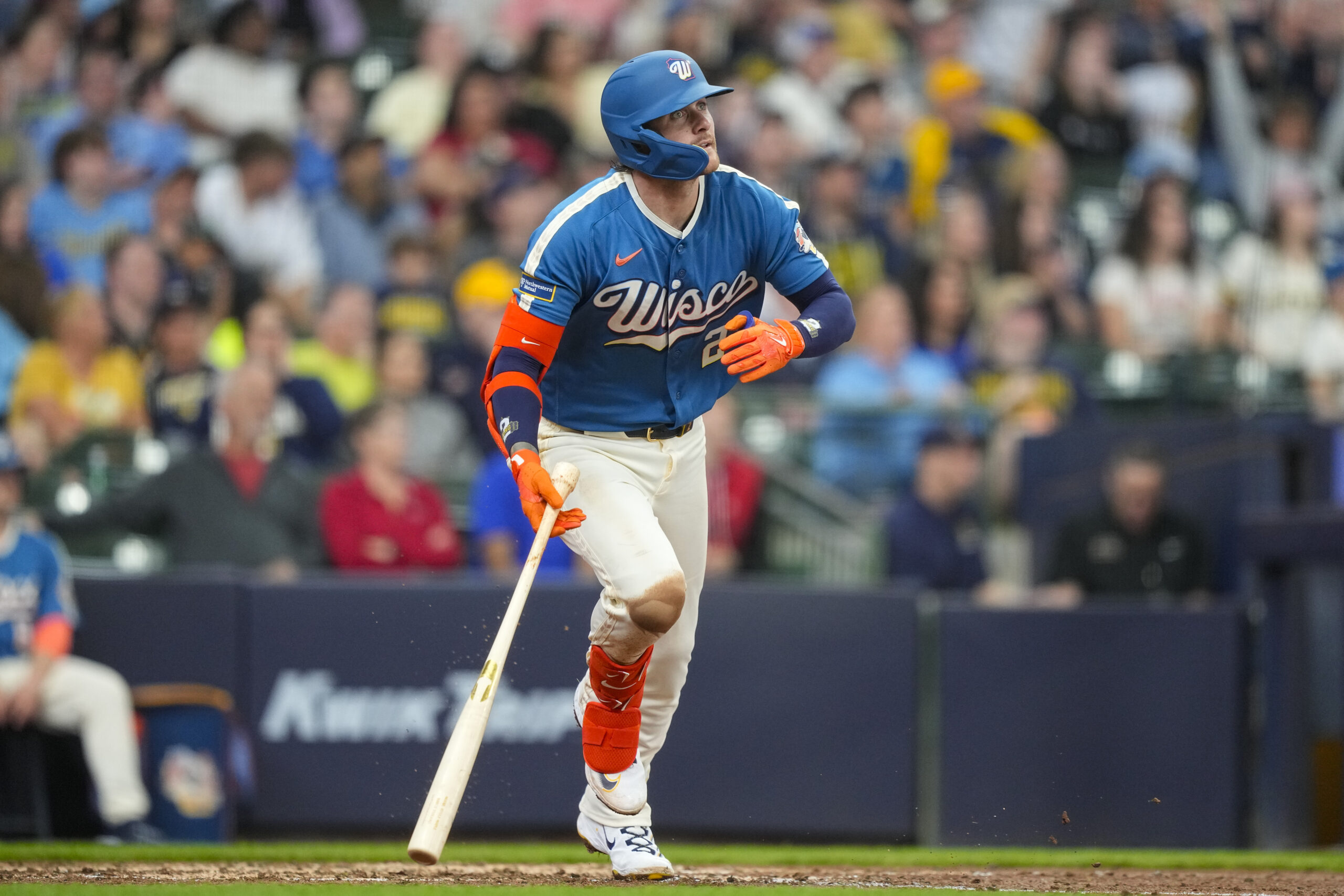 Apr 12, 2026; Milwaukee, Wisconsin, USA;  Milwaukee Brewers second baseman Brice Turang (2) watches his home run during the fifth inning against the Washington Nationals at American Family Field. Mandatory Credit: Jeff Hanisch-Imagn Images