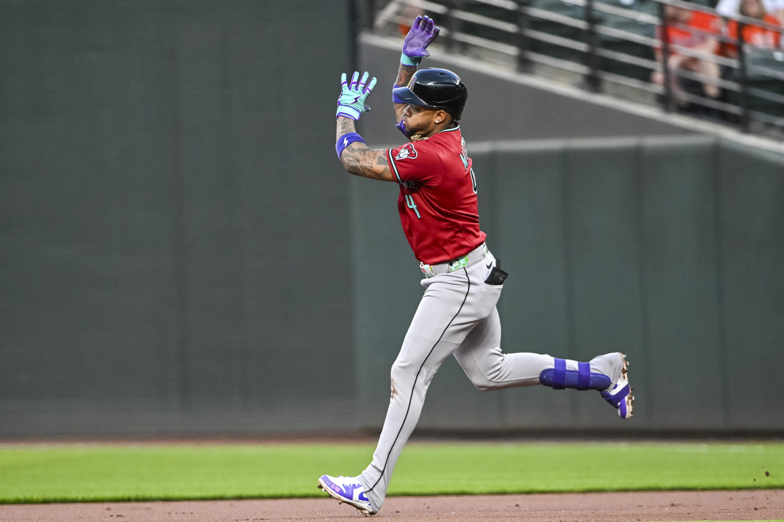 Apr 13, 2026; Baltimore, Maryland, USA;  Arizona Diamondbacks second baseman Ketel Marte (4) reacts after hitting a solo home run in the third inning against the Baltimore Orioles at Oriole Park at Camden Yards. Mandatory Credit: Tommy Gilligan-Imagn Images