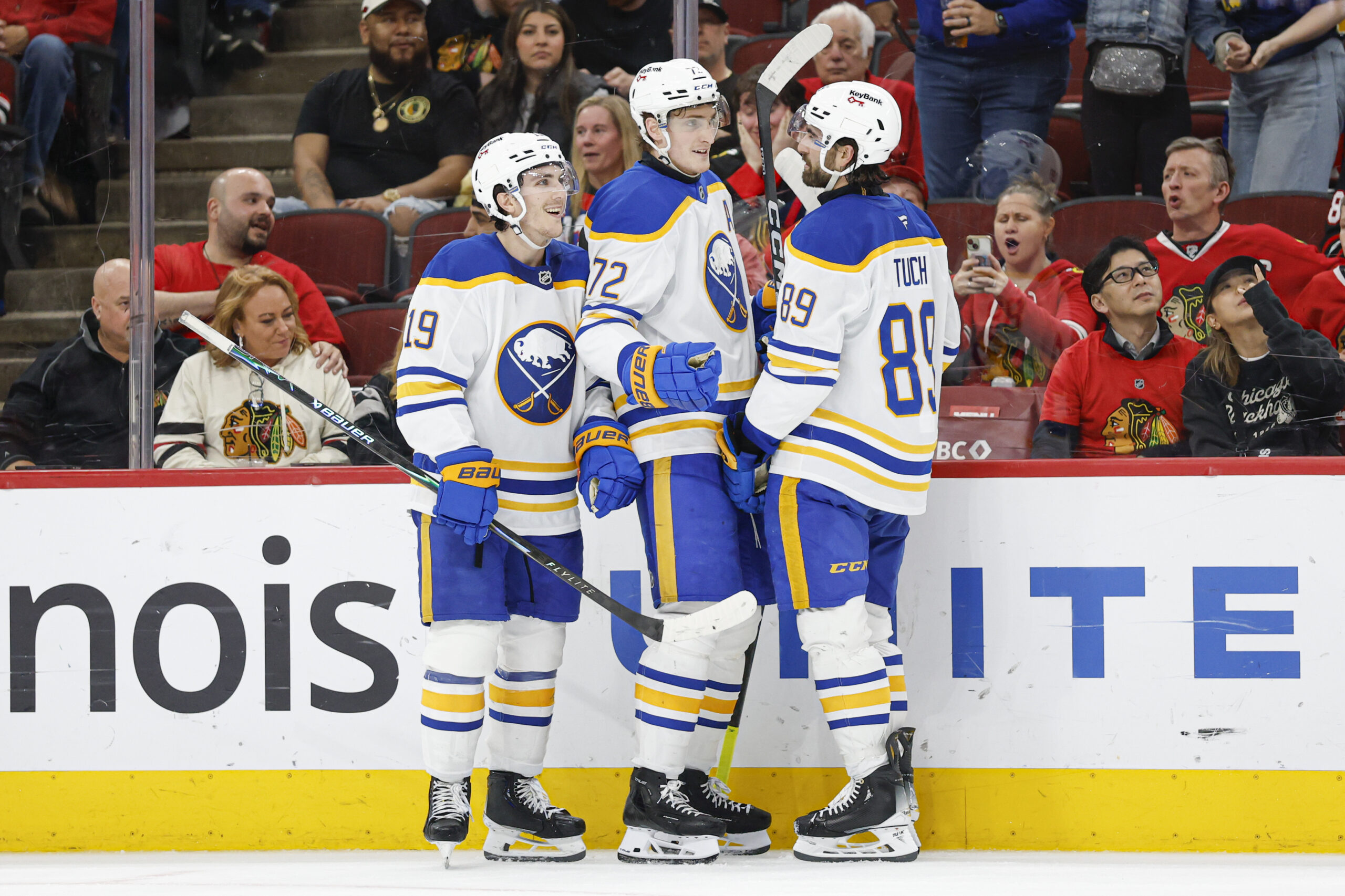 Apr 13, 2026; Chicago, Illinois, USA; Buffalo Sabres center Tage Thompson (72) celebrates with teammates after scoring against the Chicago Blackhawks during the second period at United Center. Mandatory Credit: Kamil Krzaczynski-Imagn Images