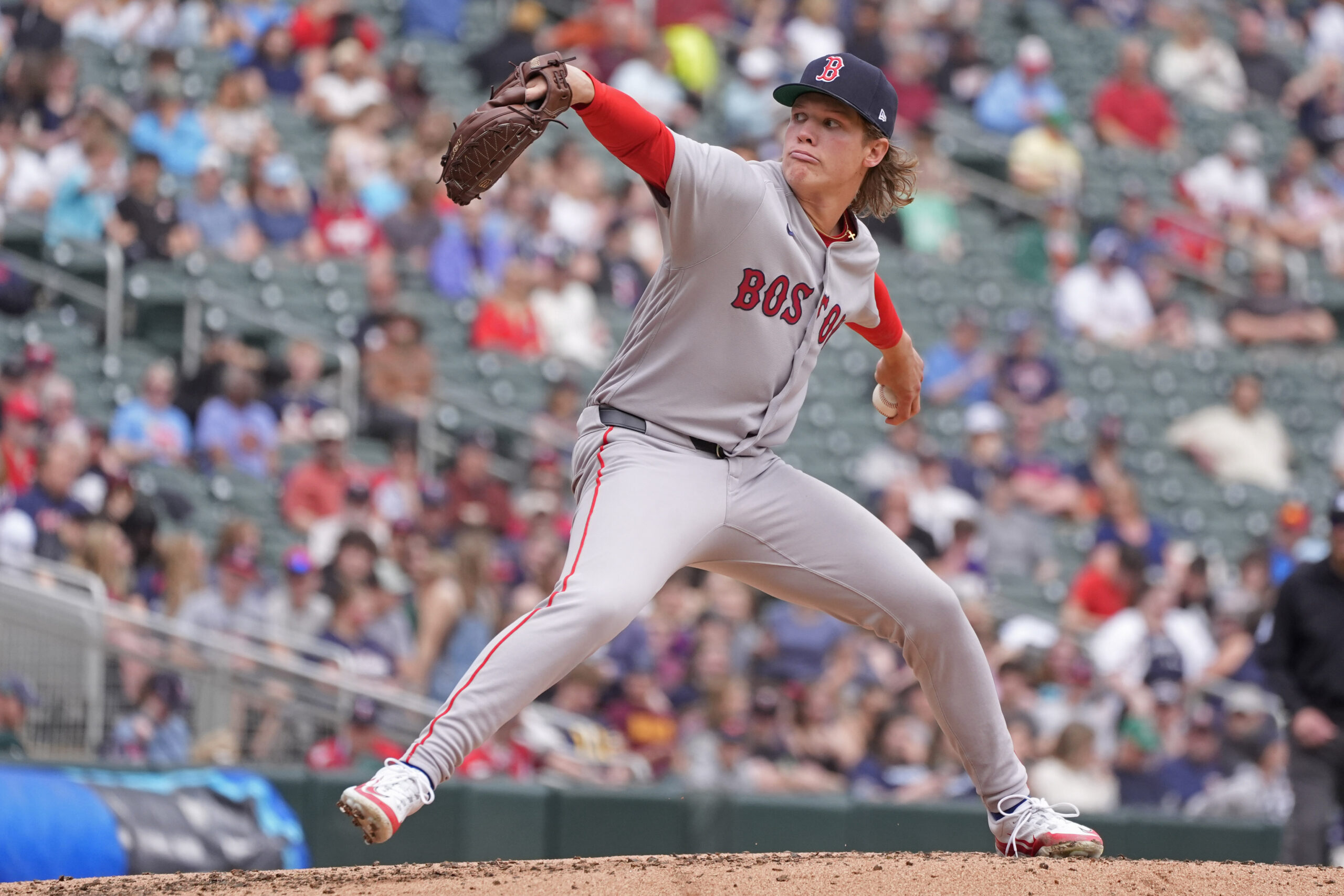 Apr 15, 2026; Minneapolis, Minnesota, USA; Boston Red Sox starting pitcher Connelly Early throws to the Minnesota Twins in the second inning at Target Field. Mandatory Credit: Bruce Kluckhohn-Imagn Images