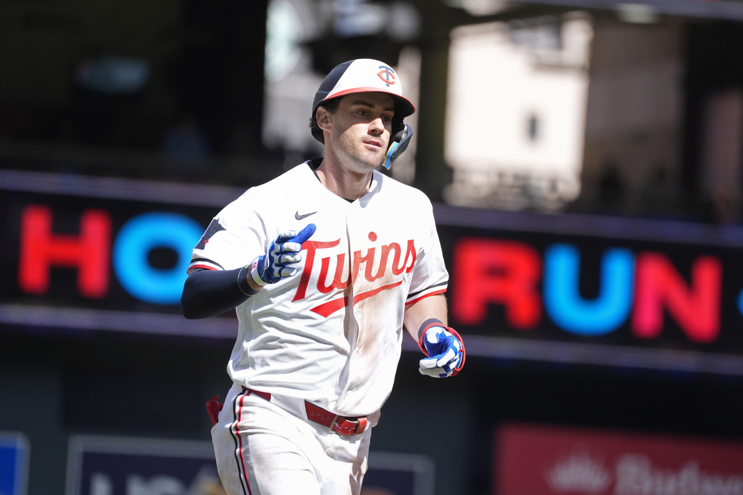 Apr 15, 2026; Minneapolis, Minnesota, USA; Minnesota Twins third baseman Ryan Kreidler runs the bases on his three run home run against the Boston Red Sox in the ninth inning at Target Field. Mandatory Credit: Bruce Kluckhohn-Imagn Images