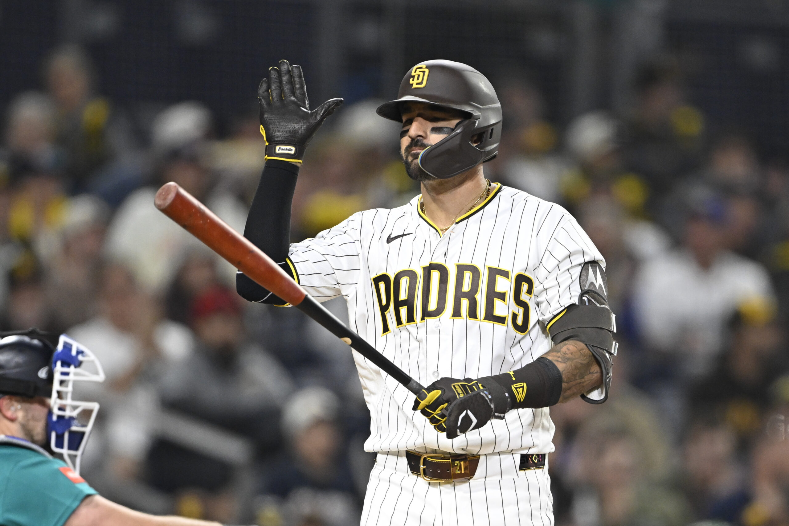 Apr 15, 2026; San Diego, California, USA; San Diego Padres right fielder Nick Castellanos reacts after striking out during the ninth inning against the Seattle Mariners at Petco Park. All MLB players are wearing number 42 today to honor Jackie Robinson. Mandatory Credit: Denis Poroy-Imagn Images