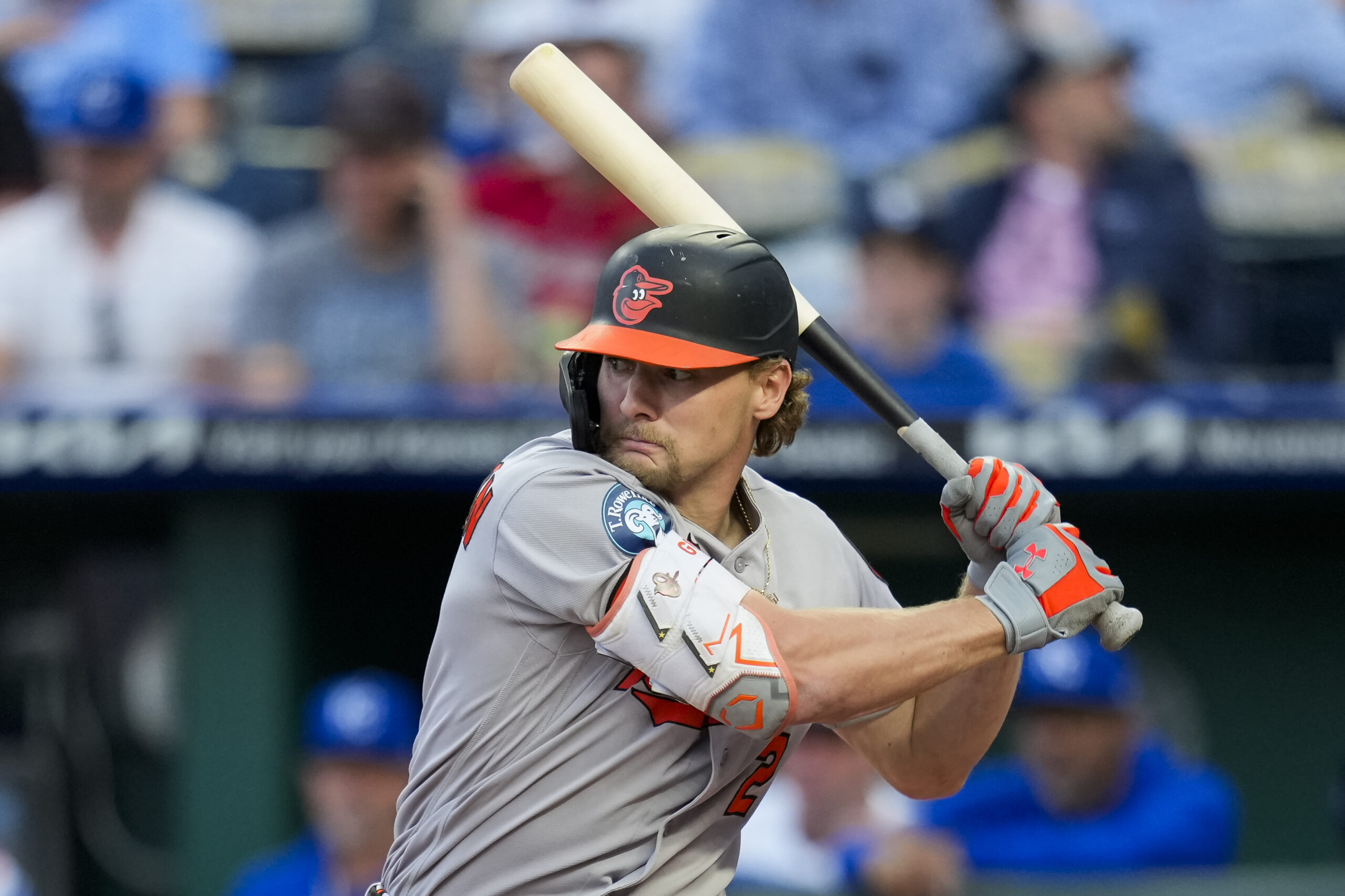 Apr 21, 2026; Kansas City, Missouri, USA; Baltimore Orioles shortstop Gunnar Henderson (2) bats during the second inning against the Kansas City Royals at Kauffman Stadium. Mandatory Credit: Jay Biggerstaff-Imagn Images