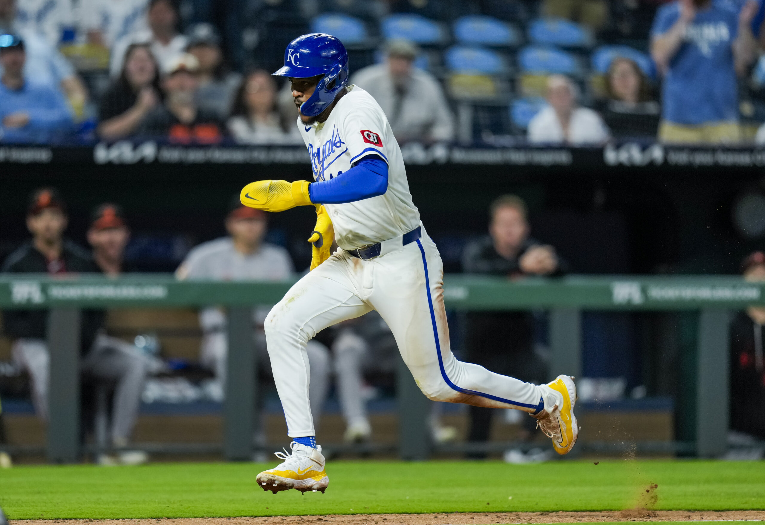 Apr 21, 2026; Kansas City, Missouri, USA; Kansas City Royals third baseman Maikel Garcia (11) scores the game winning run during the ninth inning against the Baltimore Orioles at Kauffman Stadium. Mandatory Credit: Jay Biggerstaff-Imagn Images