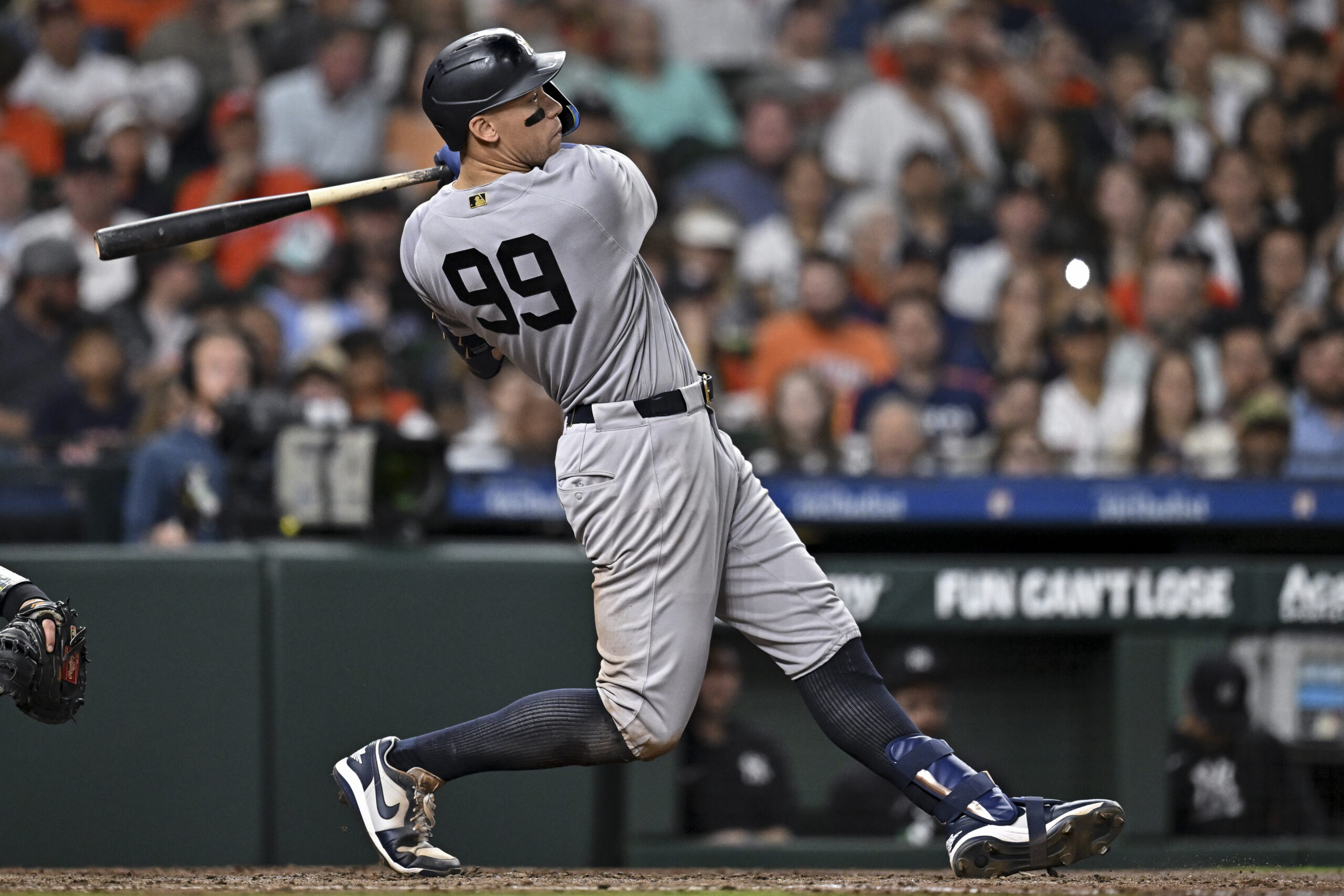 Apr 24, 2026; Houston, Texas, USA; New York Yankees right fielder Aaron Judge (99) flys out in the fifth inning against the Houston Astros at Daikin Park. Mandatory Credit: Maria Lysaker-Imagn Images