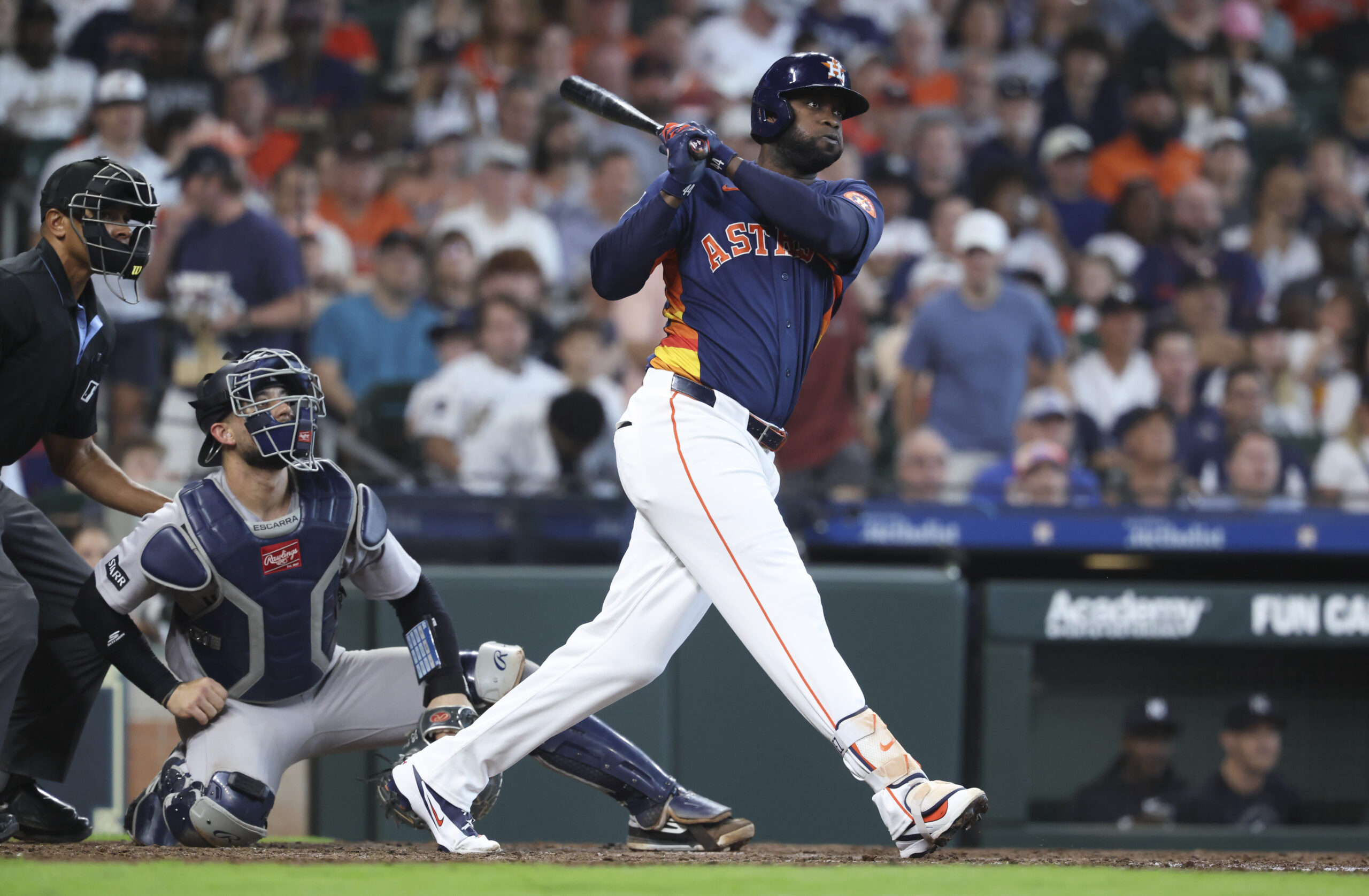 Apr 26, 2026; Houston, Texas, USA; Houston Astros designated hitter Yordan Alvarez (44) hits a double during the fifth inning against the New York Yankees at Daikin Park. Mandatory Credit: Troy Taormina-Imagn Images