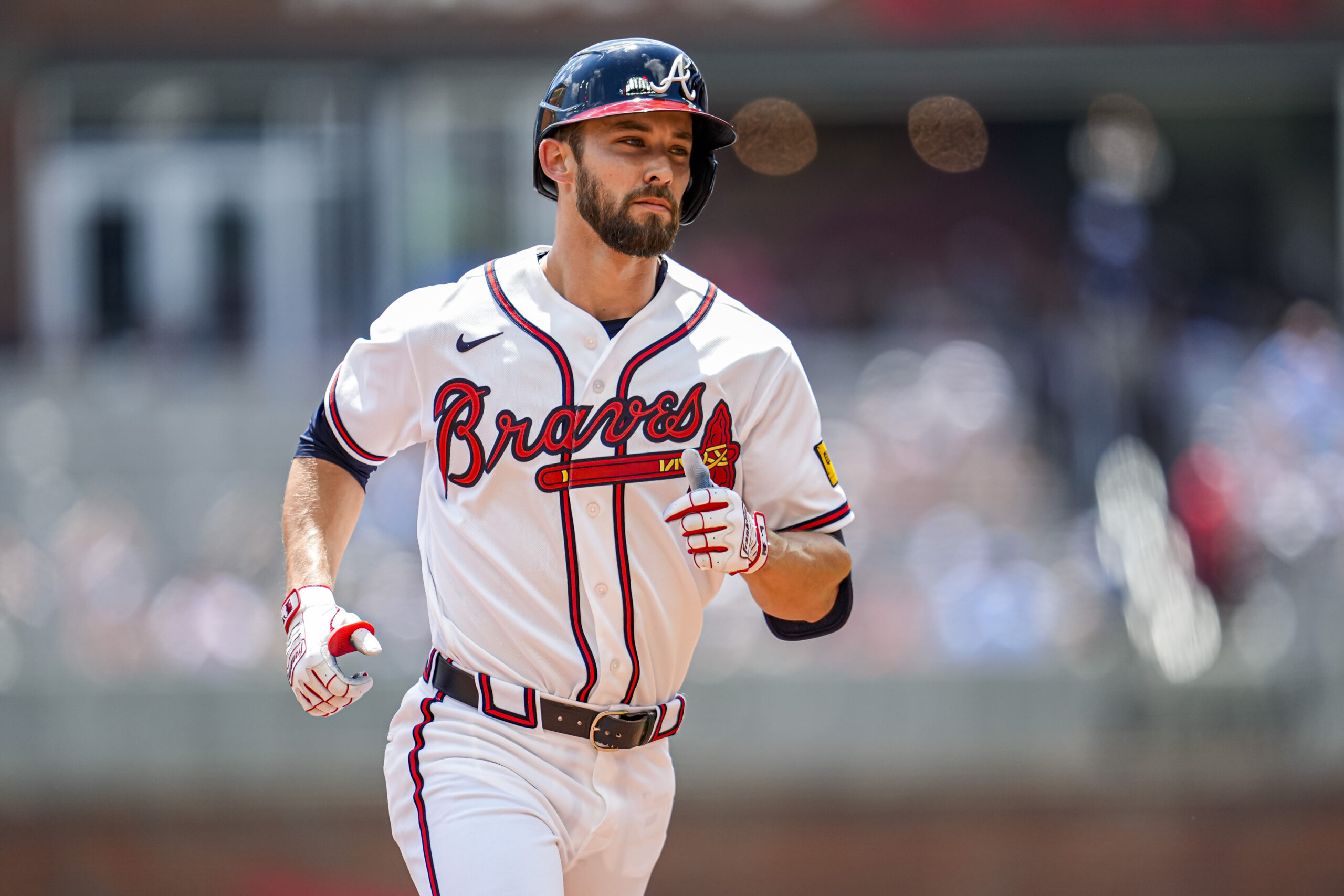 Apr 26, 2026; Cumberland, Georgia, USA; Atlanta Braves center fielder Eli White (36) runs the bases after hitting a two run home run against the Philadelphia Phillies during the second inning at Truist Park. Mandatory Credit: Dale Zanine-Imagn Images