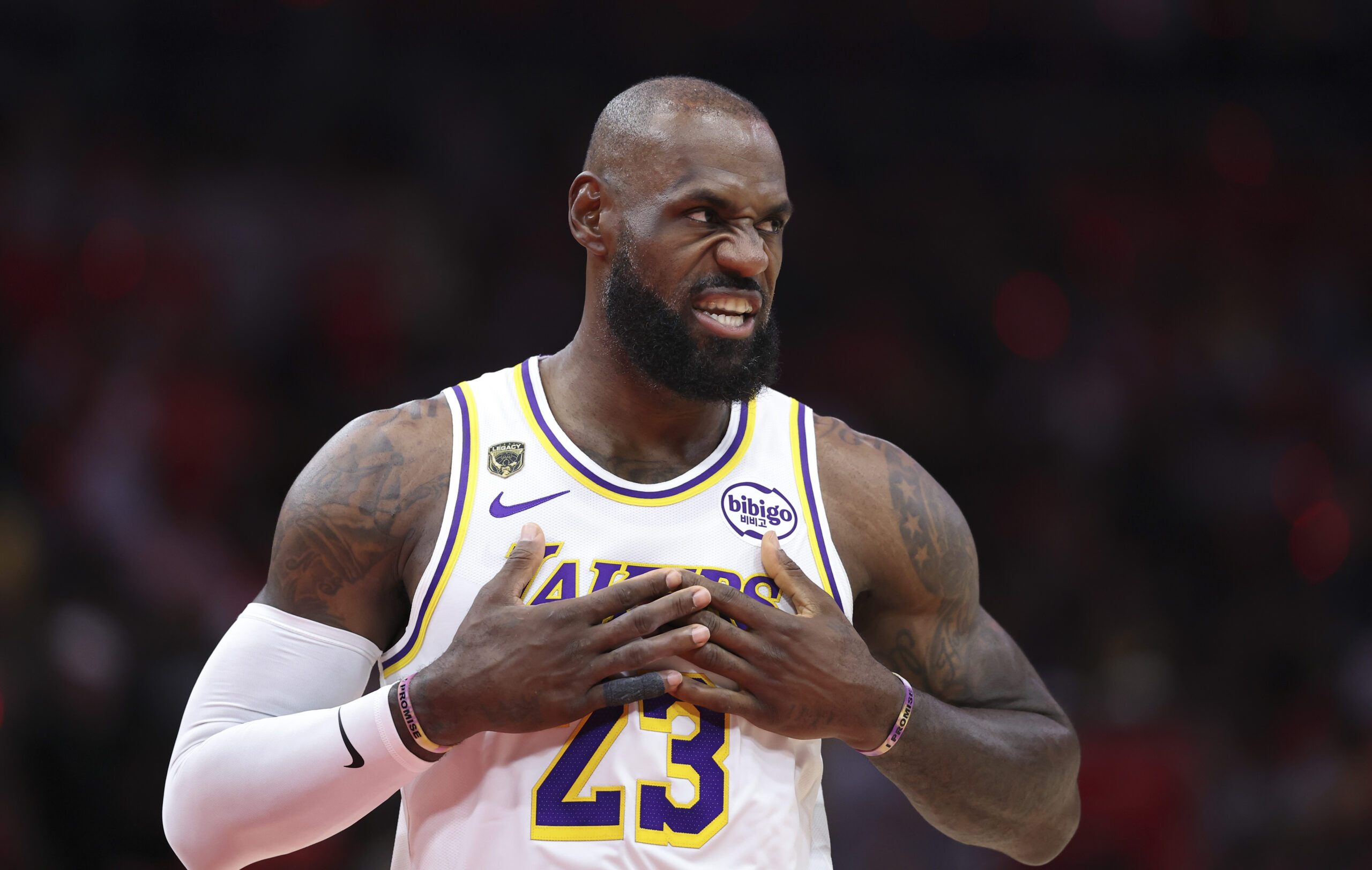 Apr 26, 2026; Houston, Texas, USA; Los Angeles Lakers forward LeBron James (23) walks on the court before the start of the game against the Houston Rockets in game four of the first round of the 2026 NBA Playoffs at Toyota Center. Mandatory Credit: Troy Taormina-Imagn Images