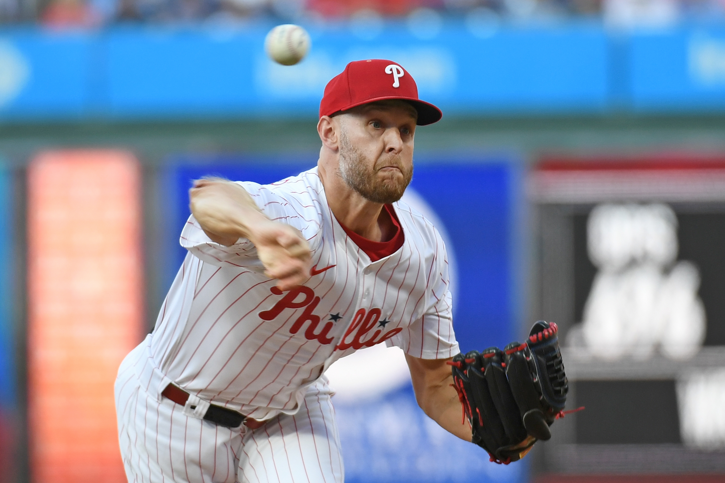 Jul 21, 2025; Philadelphia, Pennsylvania, USA; Philadelphia Phillies pitcher Zack Wheeler (45) throws a pitch during the first inning against the Boston Red Sox at Citizens Bank Park. Mandatory Credit: Eric Hartline-Imagn Images