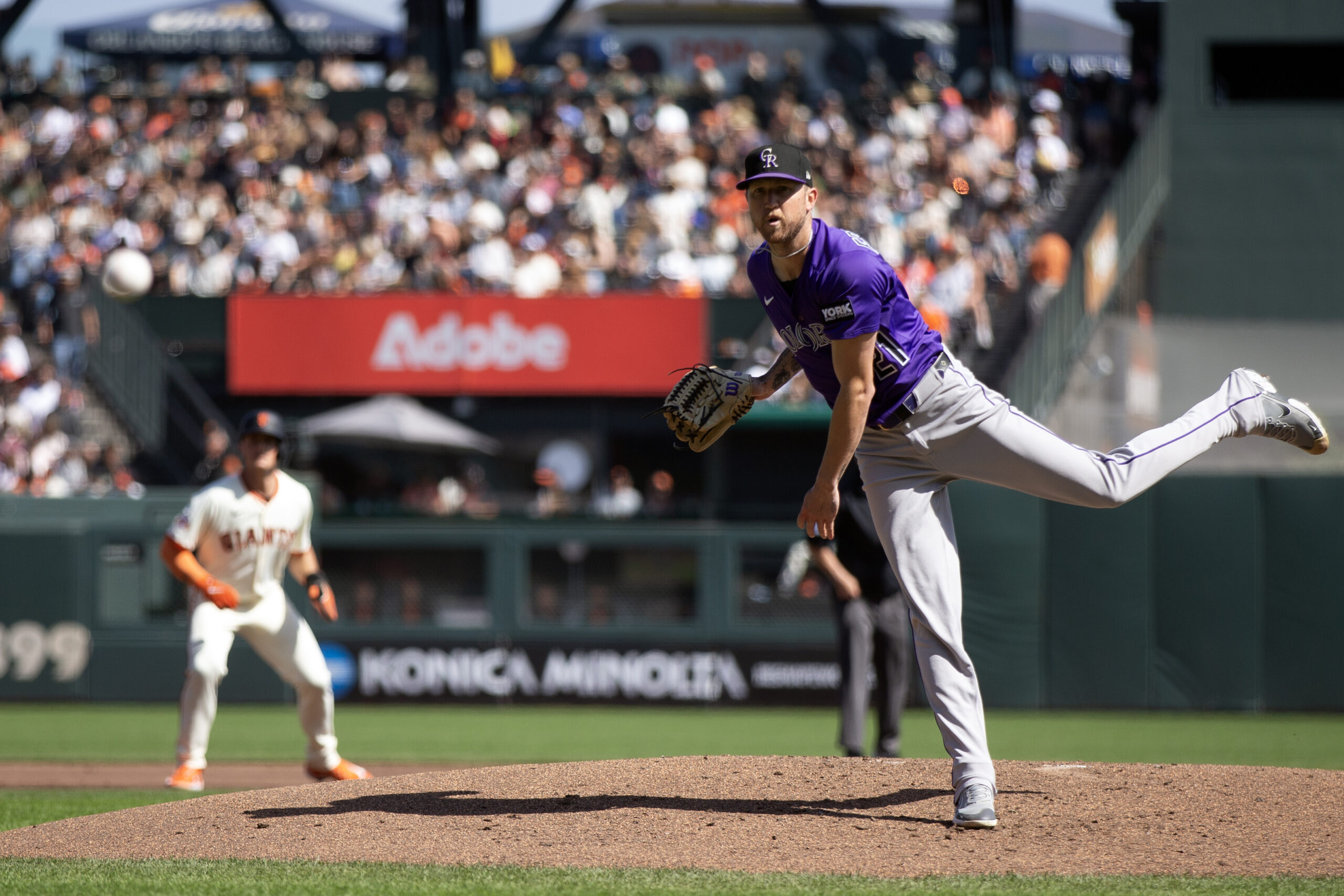 Sep 27, 2025; San Francisco, California, USA; Colorado Rockies starting pitcher Kyle Freeland (21) delivers a pitch against the San Francisco Giants during the second inning at Oracle Park. Mandatory Credit: D. Ross Cameron-Imagn Images