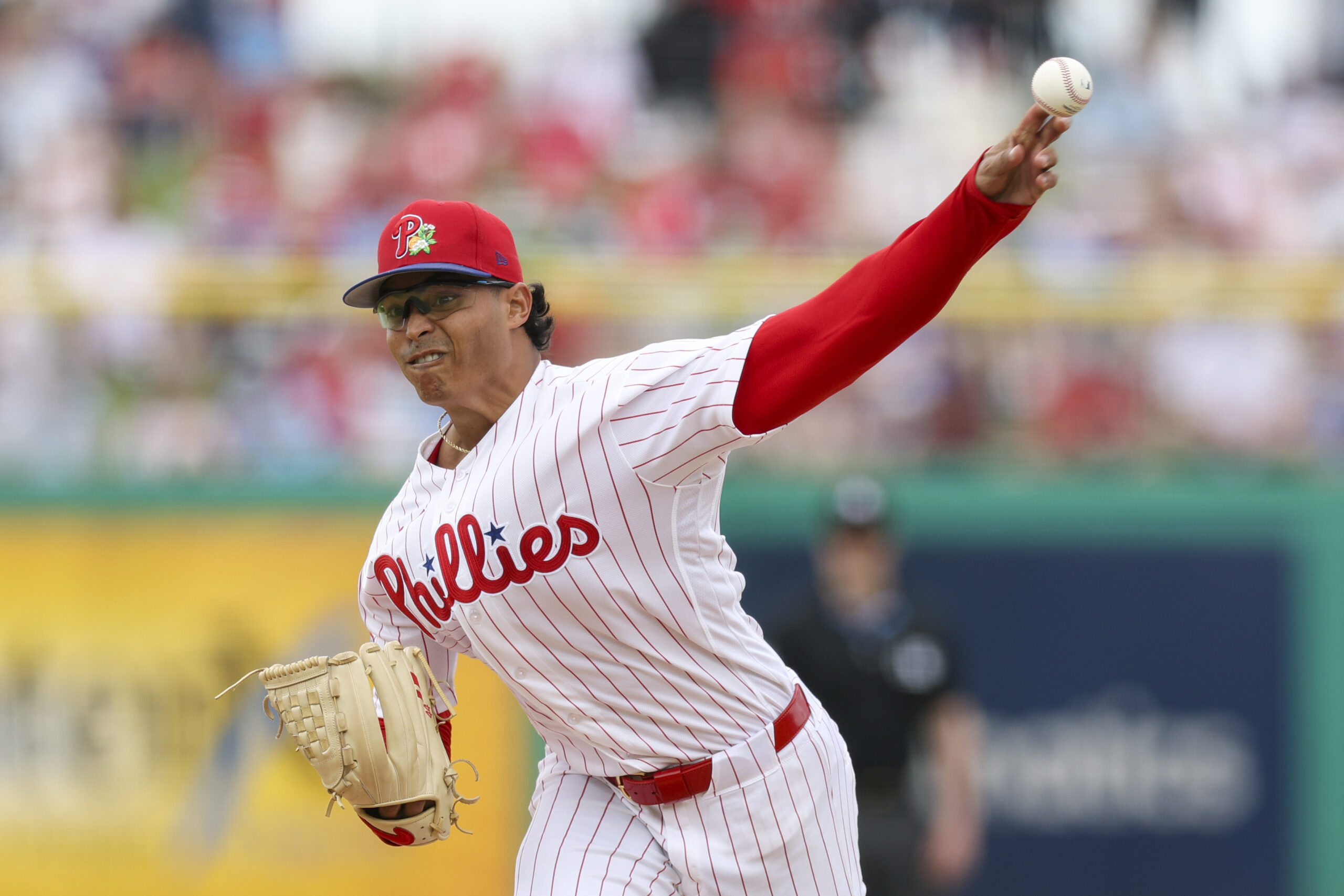 Mar 12, 2026; Clearwater, Florida, USA; Philadelphia Phillies starting pitcher Jesus Luzardo (44) throws a pitch against the Toronto Blue Jays in the third inning during spring training at BayCare Ballpark. Mandatory Credit: Nathan Ray Seebeck-Imagn Images
