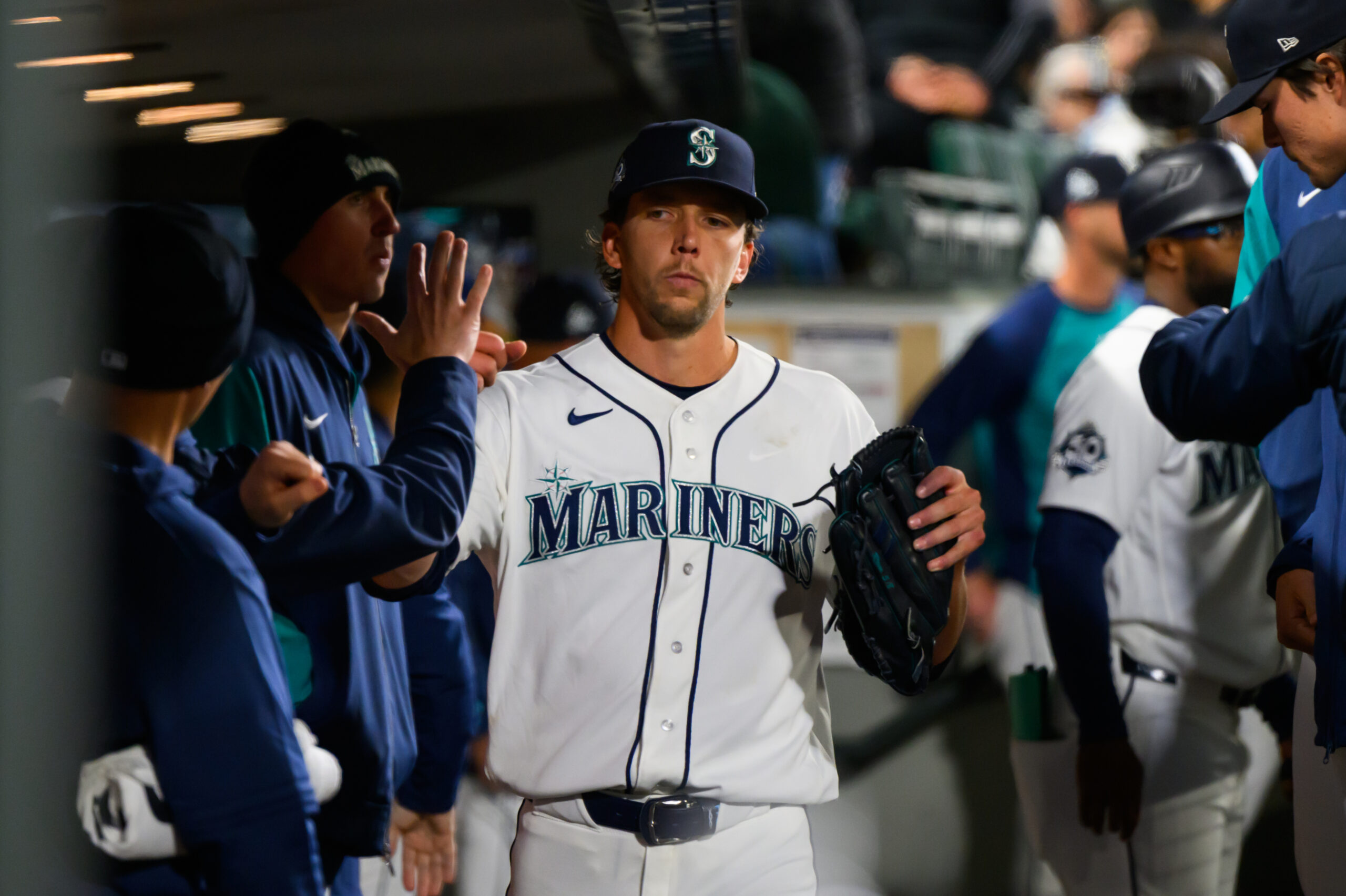 Mar 26, 2026; Seattle, Washington, USA; Seattle Mariners starting pitcher Logan Gilbert (36) in the dugout after leaving the game during the sixth inning against the Cleveland Guardians at T-Mobile Park. Mandatory Credit: Steven Bisig-Imagn Images