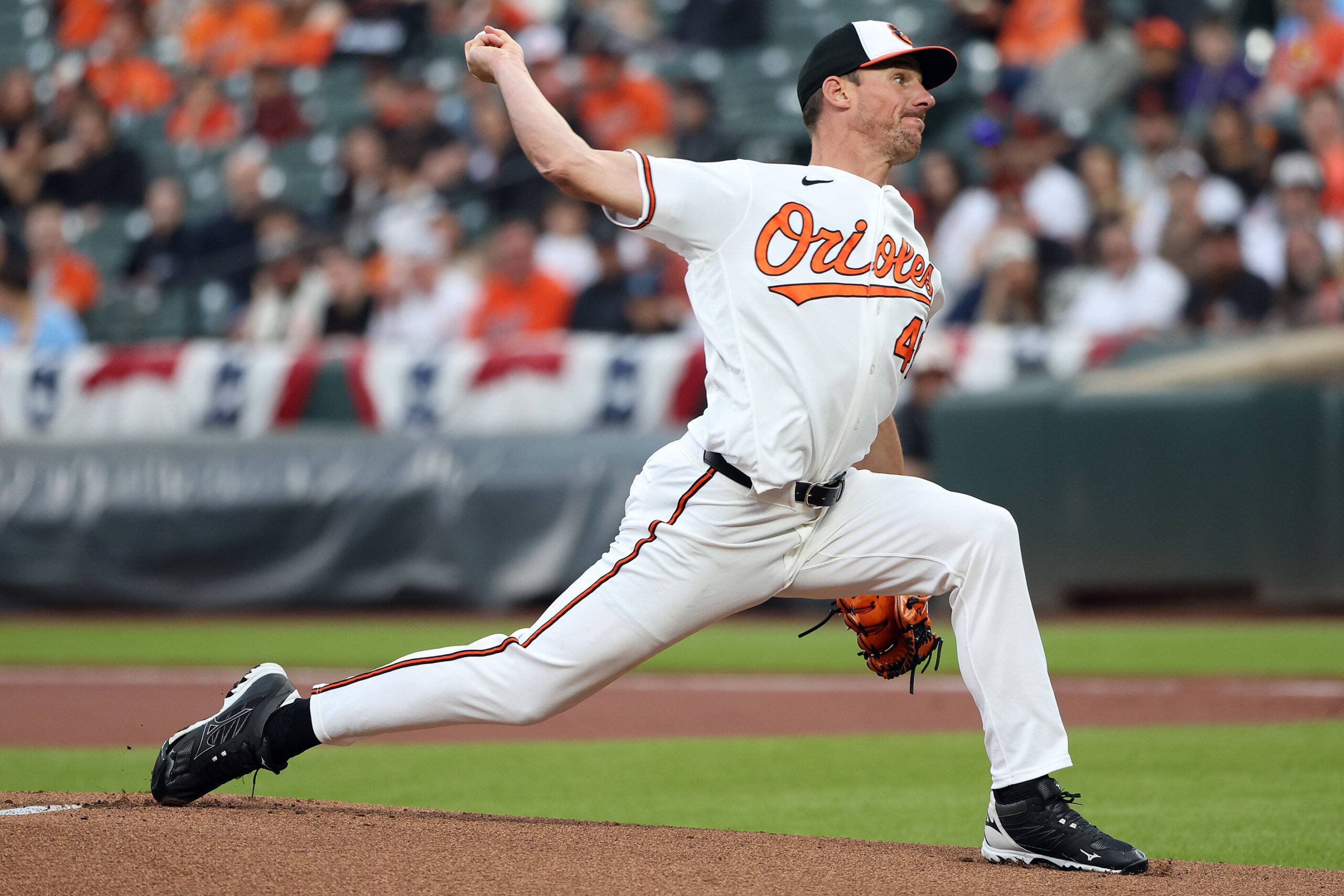 Mar 30, 2026; Baltimore, Maryland, USA; Baltimore Orioles pitcher Chris Bassitt (40) throws during the first inning against the Texas Rangers at Oriole Park at Camden Yards. Mandatory Credit: Daniel Kucin Jr.-Imagn Images