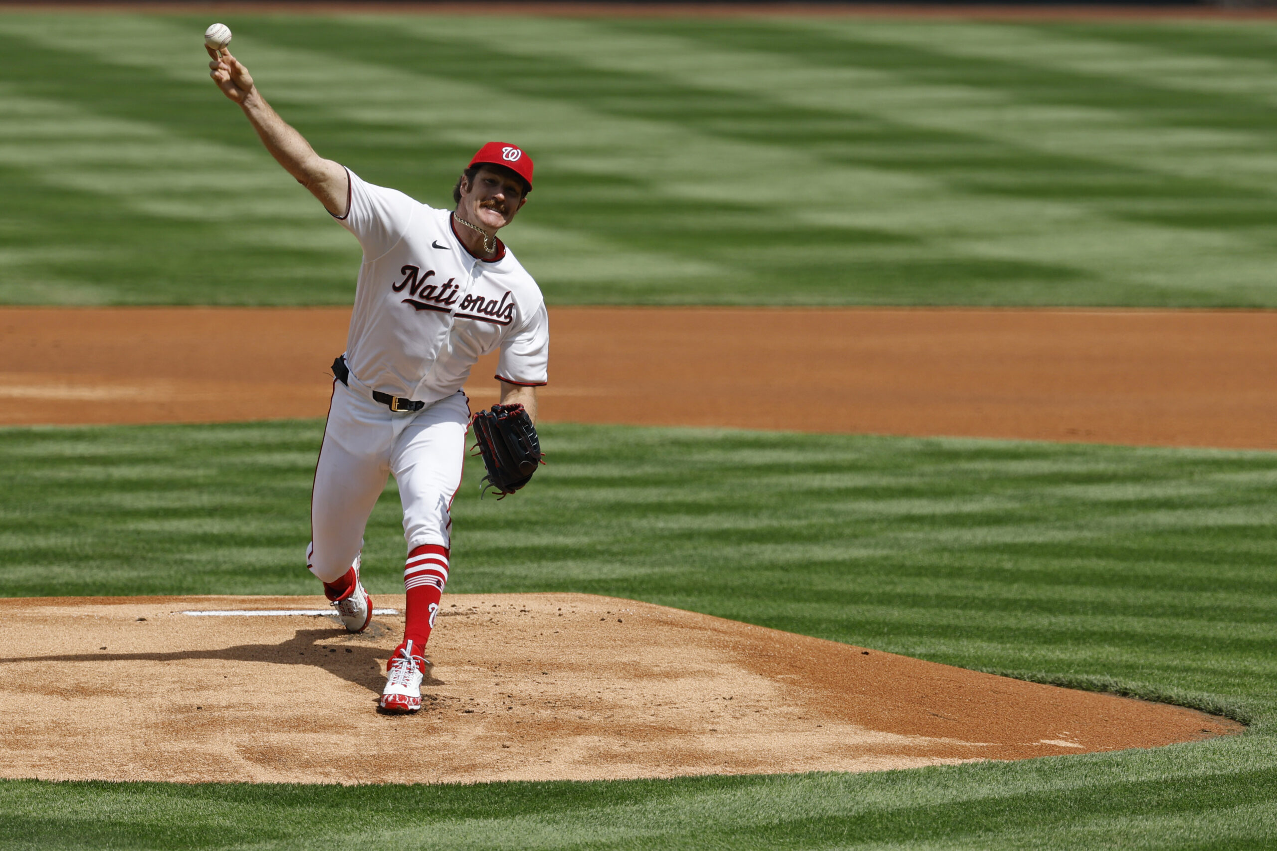 Apr 3, 2026; Washington, District of Columbia, USA; Washington Nationals pitcher Miles Mikolas (36) pitches against the Los Angeles Dodgers during the first inning at Nationals Park. Mandatory Credit: Geoff Burke-Imagn Images